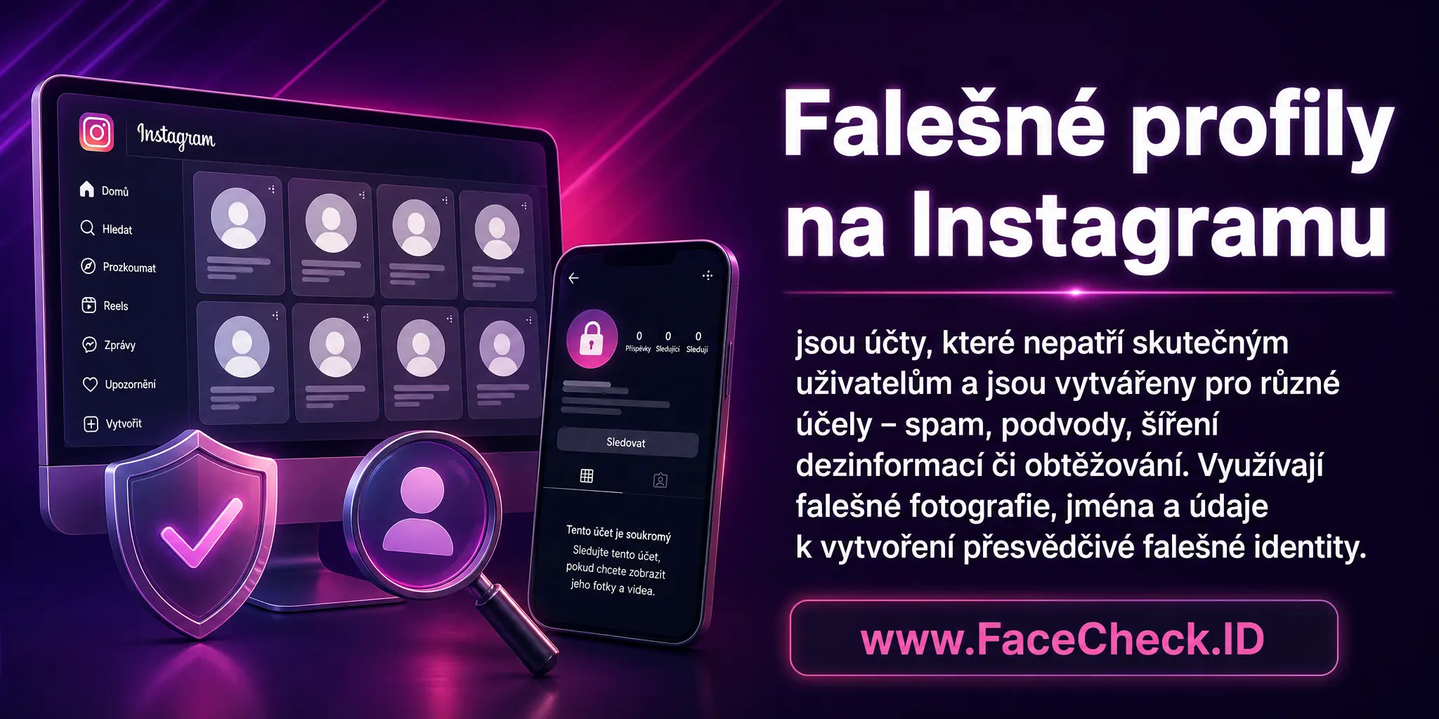 Falešné profily na Instagramu jsou účty, které neodpovídají skutečnému uživateli a jsou vytvořeny pro různé účely, jako je spamování, podvody, šíření dezinformací nebo obtěžování, a využívají falešné obrázky, jména a informace k vytvoření přesvědčivé falešné identity.