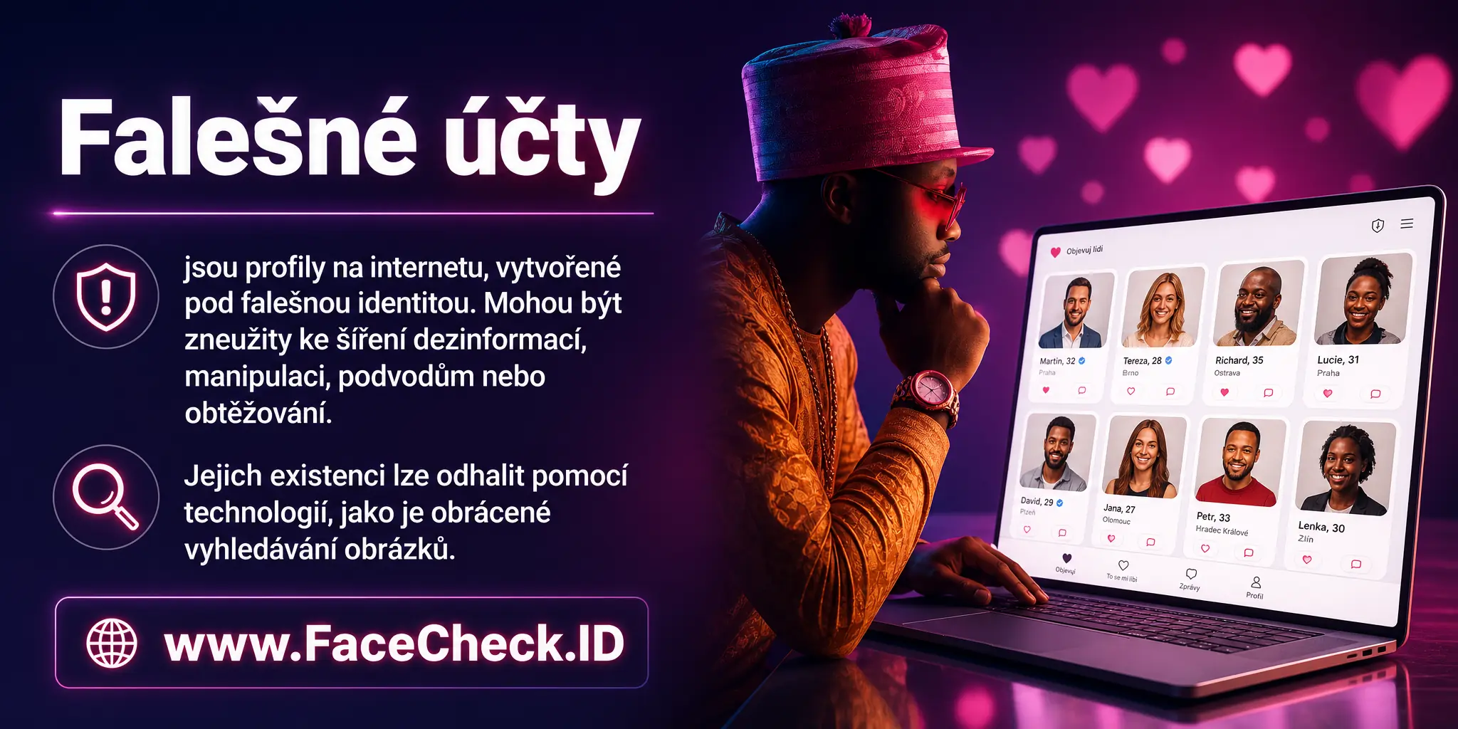 Falešné účty jsou profily na internetu, vytvořené pod falešnou identitou, které mohou být využity k šíření dezinformací, manipulaci, podvodům nebo obtěžování a jejichž existenci lze odhalit pomocí technologií jako je obrácené vyhledávání obrázků.