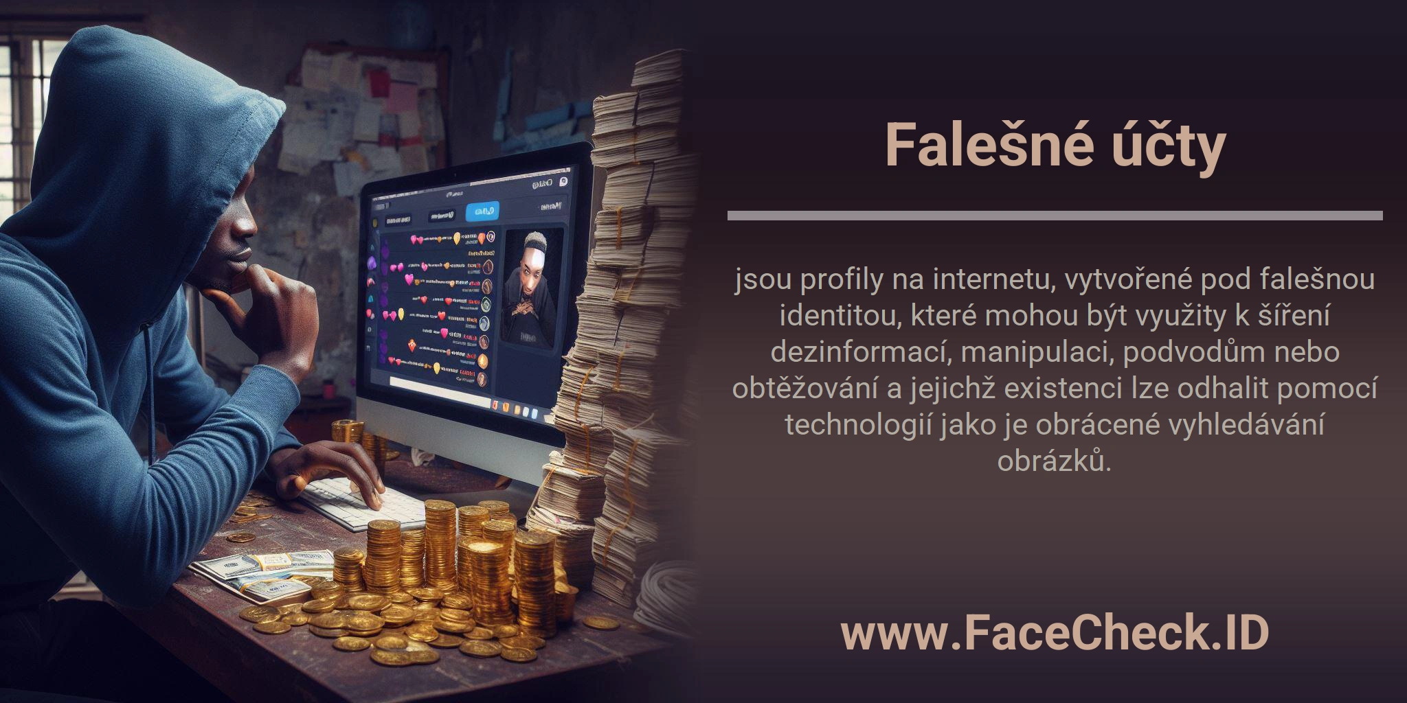 Falešné účty jsou profily na internetu, vytvořené pod falešnou identitou, které mohou být využity k šíření dezinformací, manipulaci, podvodům nebo obtěžování a jejichž existenci lze odhalit pomocí technologií jako je obrácené vyhledávání obrázků.