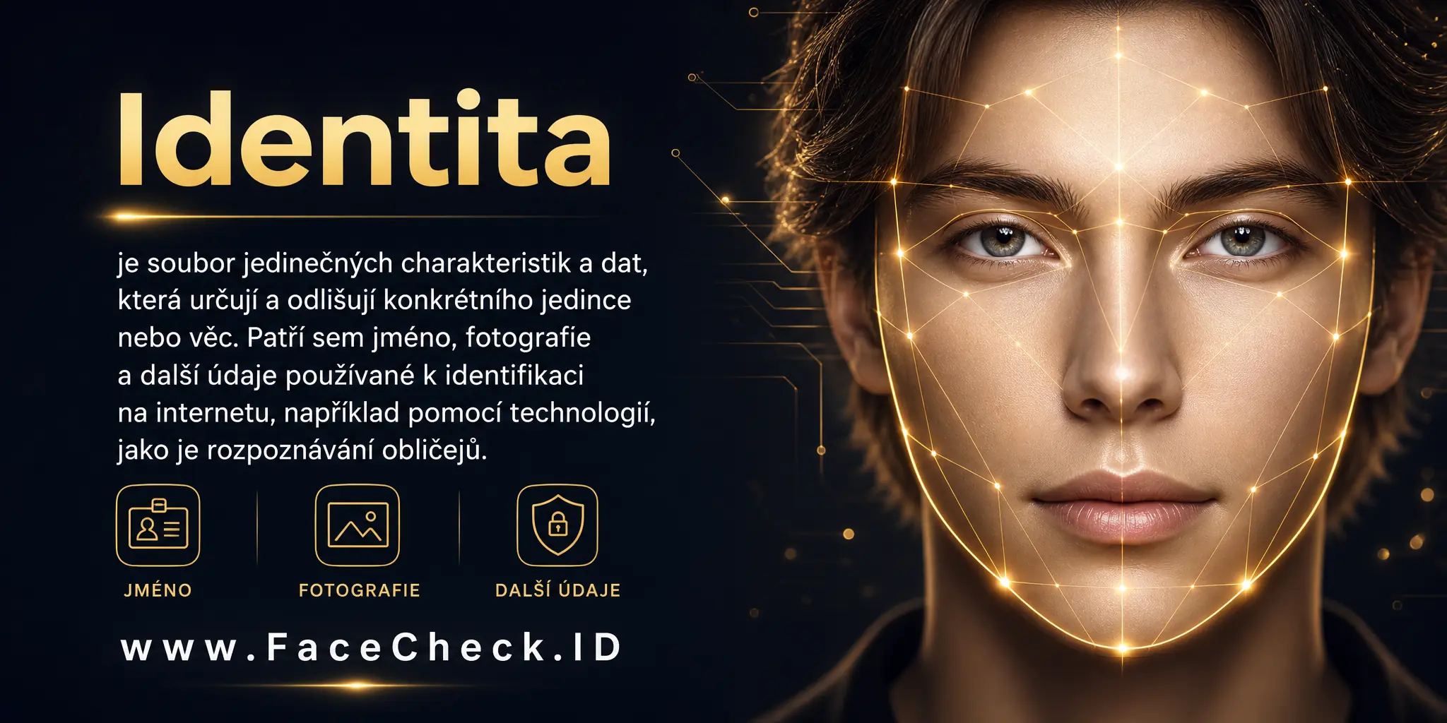 Identita je soubor unikátních charakteristik a dat, které určují a odlišují konkrétního jedince nebo věc, včetně jména, fotografií a dalších údajů používaných pro identifikaci jedince na internetu, například pomocí technologií jako je rozpoznávání obličejů.
