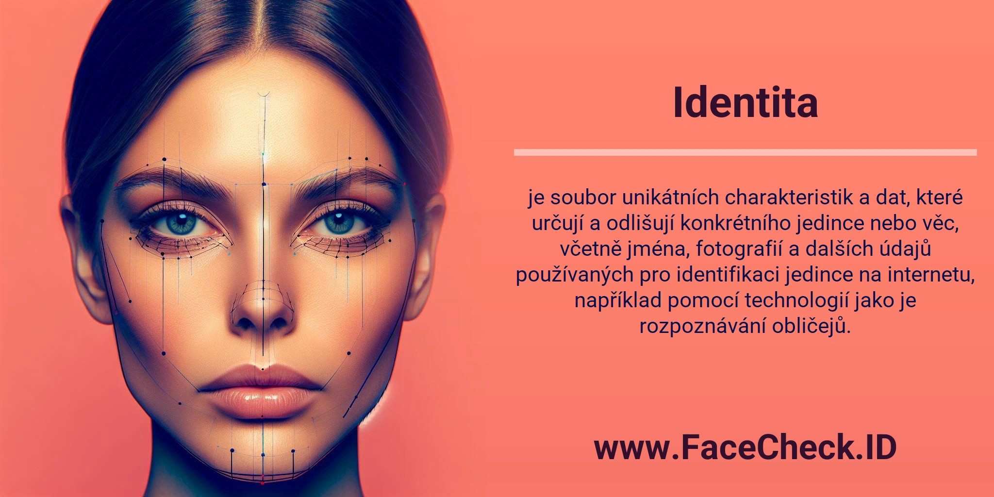Identita je soubor unikátních charakteristik a dat, které určují a odlišují konkrétního jedince nebo věc, včetně jména, fotografií a dalších údajů používaných pro identifikaci jedince na internetu, například pomocí technologií jako je rozpoznávání obličejů.