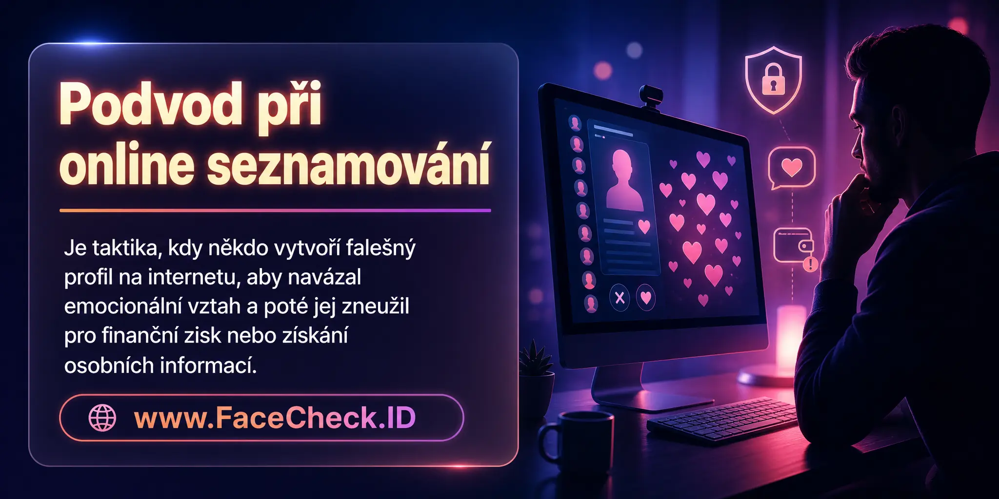 Podvod při online seznamování je taktika, kdy někdo vytvoří falešný profil na internetu, aby navázal emocionální vztah a poté ho zneužil pro finanční zisk nebo získání osobních informací.