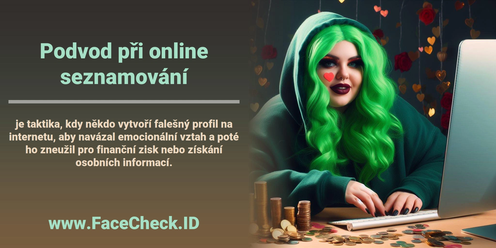 <b>Podvod při online seznamování</b> je taktika, kdy někdo vytvoří falešný profil na internetu, aby navázal emocionální vztah a poté ho zneužil pro finanční zisk nebo získání osobních informací.