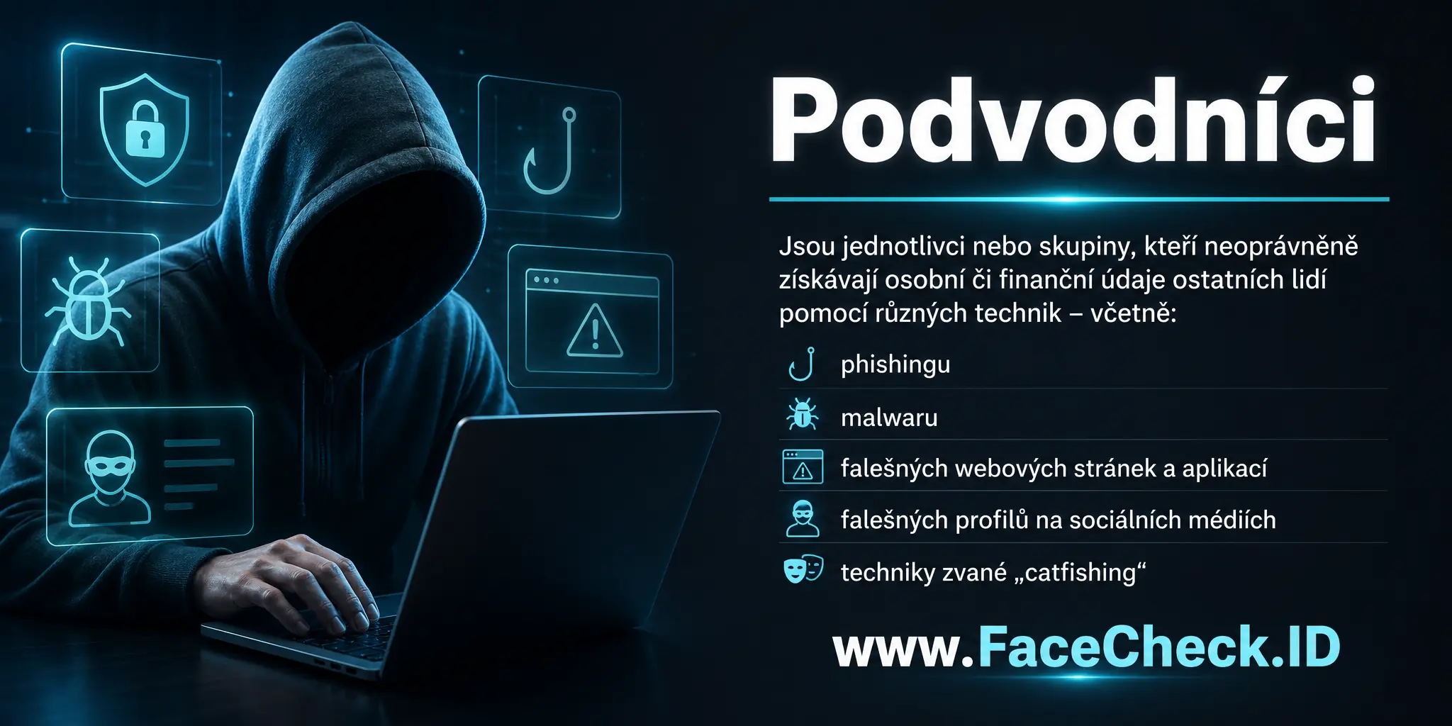 Podvodníci jsou jednotlivci nebo skupiny, kteří neoprávněně získávají osobní nebo finanční údaje ostatních lidí pomocí různých technik, včetně phishingu, malware, falešných webových stránek, aplikací, falešných profilů na sociálních médiích a techniky zvané 