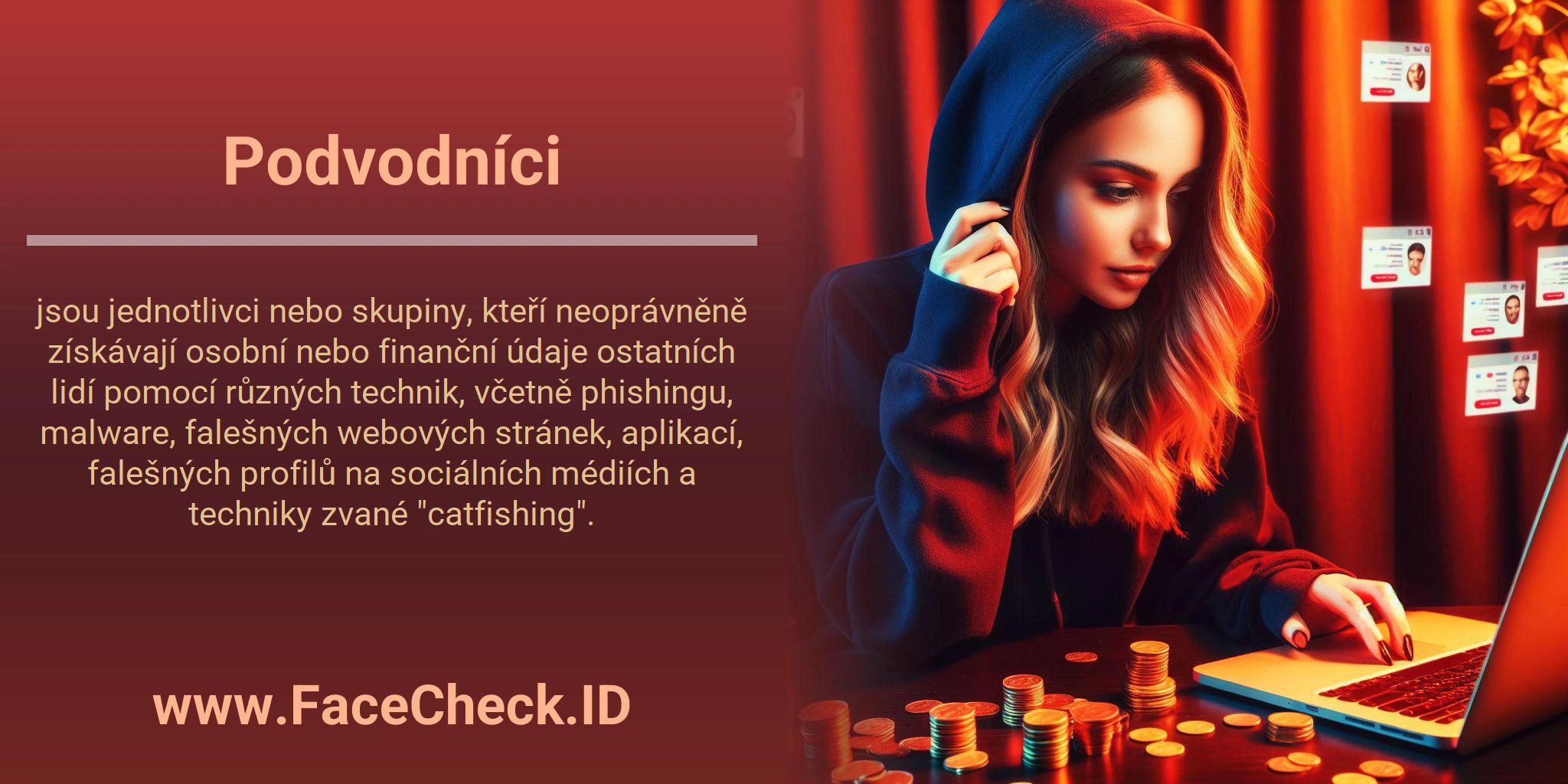 Podvodníci jsou jednotlivci nebo skupiny, kteří neoprávněně získávají osobní nebo finanční údaje ostatních lidí pomocí různých technik, včetně phishingu, malware, falešných webových stránek, aplikací, falešných profilů na sociálních médiích a techniky zvané 