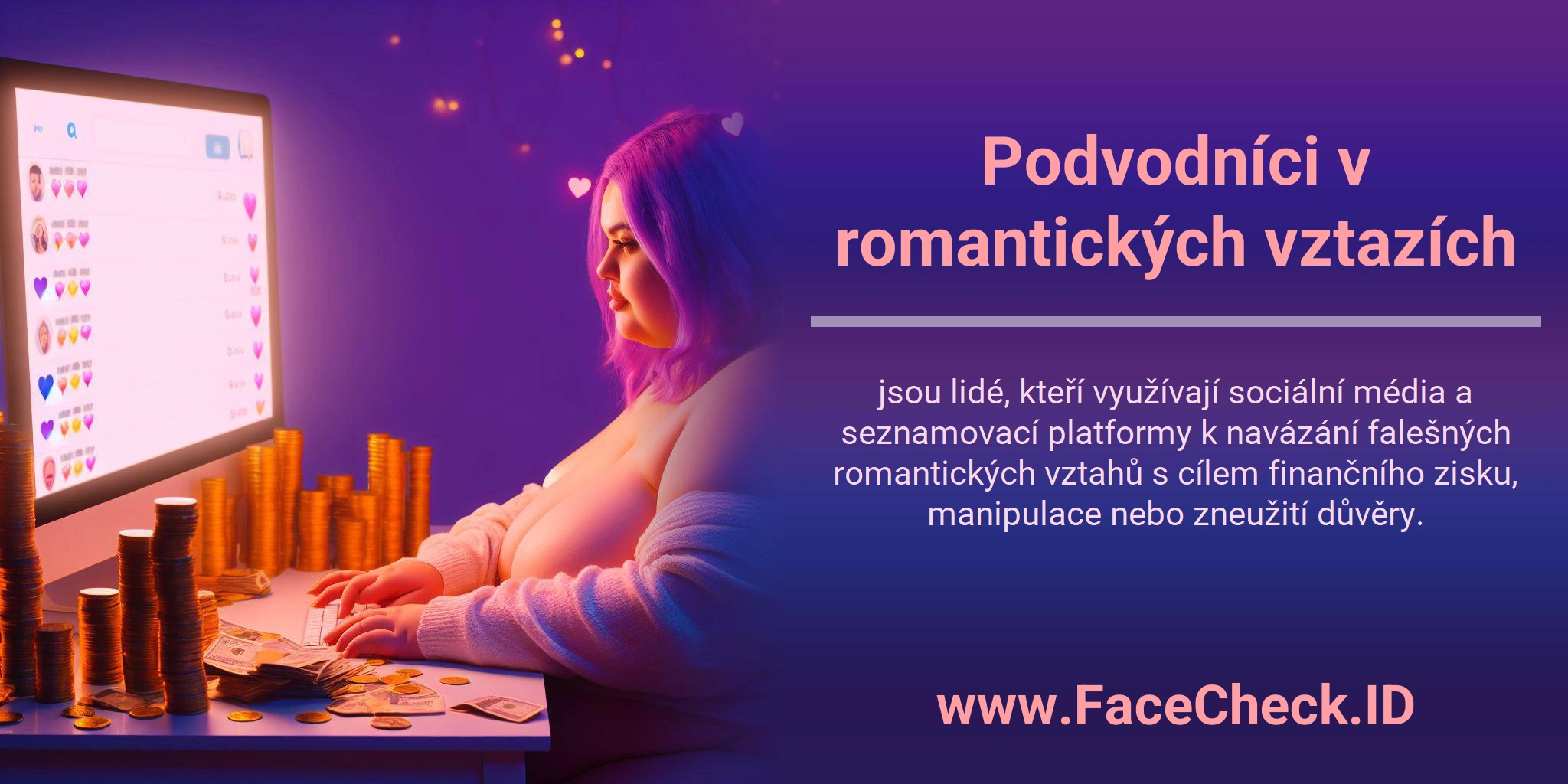 Podvodníci v romantických vztazích jsou lidé, kteří využívají sociální média a seznamovací platformy k navázání falešných romantických vztahů s cílem finančního zisku, manipulace nebo zneužití důvěry.