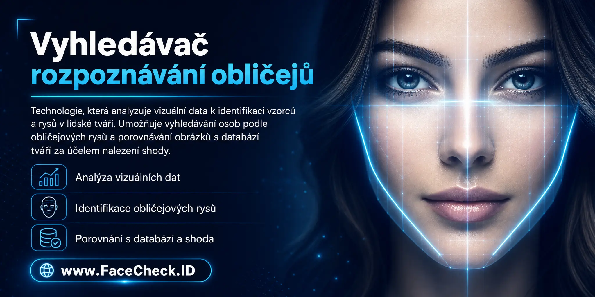 Vyhledávač rozpoznávání obličejů je technologie, která analyzuje vizuální data k identifikaci vzorců a rysů v lidské tváři, umožňuje vyhledávání osob podle tvářových rysů a porovnávání obrázků s databází tváří k nalezení shody.