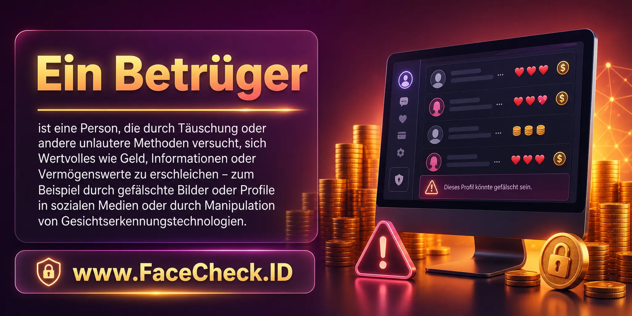 Ein Betrüger ist eine Person, die durch Täuschung oder unehrliche Methoden andere um Wertvolles wie Geld, Informationen oder andere Vermögenswerte bringt, eventuell durch gefälschte Bilder oder Profile auf sozialen Medien oder durch Manipulation von Gesichtserkennungstechnologien.
