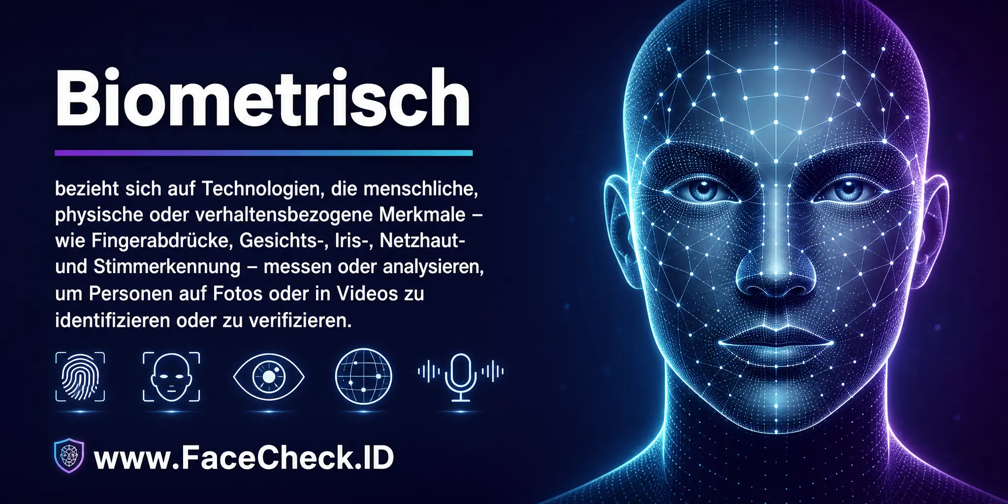 Biometrisch bezieht sich auf Technologien, die menschliche physische oder verhaltensbezogene Merkmale wie Fingerabdrücke, Gesichts-, Iris-, Netzhaut- und Stimmenerkennung messen oder analysieren, um Personen auf Fotos oder in Videos zu identifizieren oder zu verifizieren.