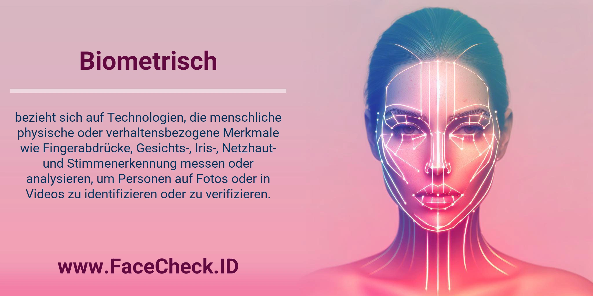 Biometrisch bezieht sich auf Technologien, die menschliche physische oder verhaltensbezogene Merkmale wie Fingerabdrücke, Gesichts-, Iris-, Netzhaut- und Stimmenerkennung messen oder analysieren, um Personen auf Fotos oder in Videos zu identifizieren oder zu verifizieren.