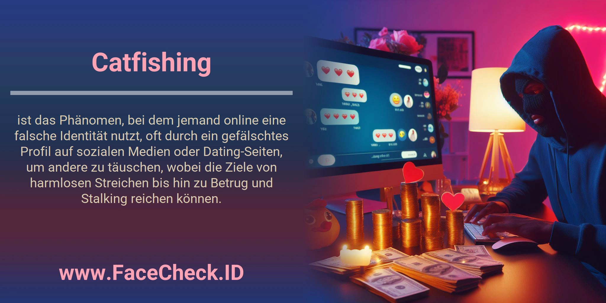 Catfishing ist das Phänomen, bei dem jemand online eine falsche Identität nutzt, oft durch ein gefälschtes Profil auf sozialen Medien oder Dating-Seiten, um andere zu täuschen, wobei die Ziele von harmlosen Streichen bis hin zu Betrug und Stalking reichen können.