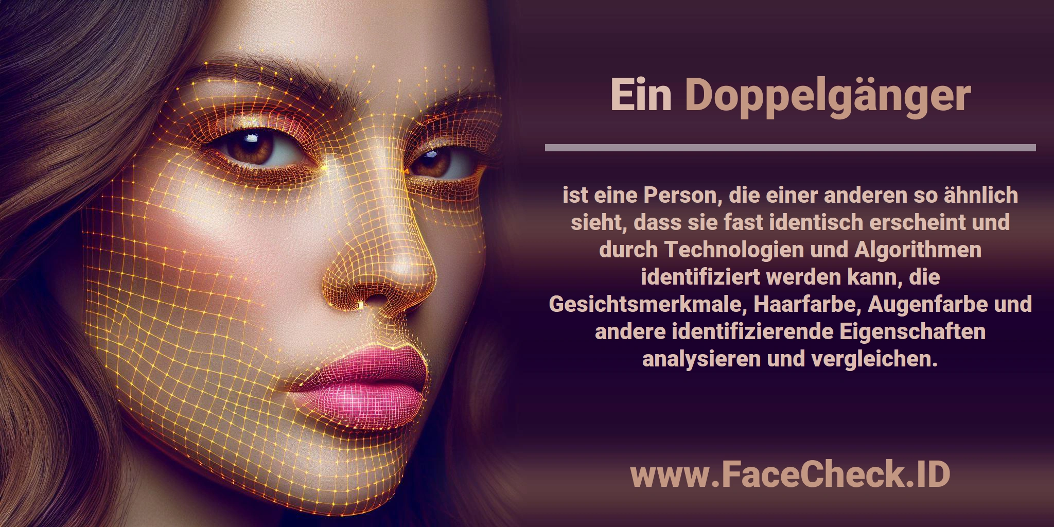 Ein <b>Doppelgänger</b> ist eine Person, die einer anderen so ähnlich sieht, dass sie fast identisch erscheint und durch Technologien und Algorithmen identifiziert werden kann, die Gesichtsmerkmale, Haarfarbe, Augenfarbe und andere identifizierende Eigenschaften analysieren und vergleichen.