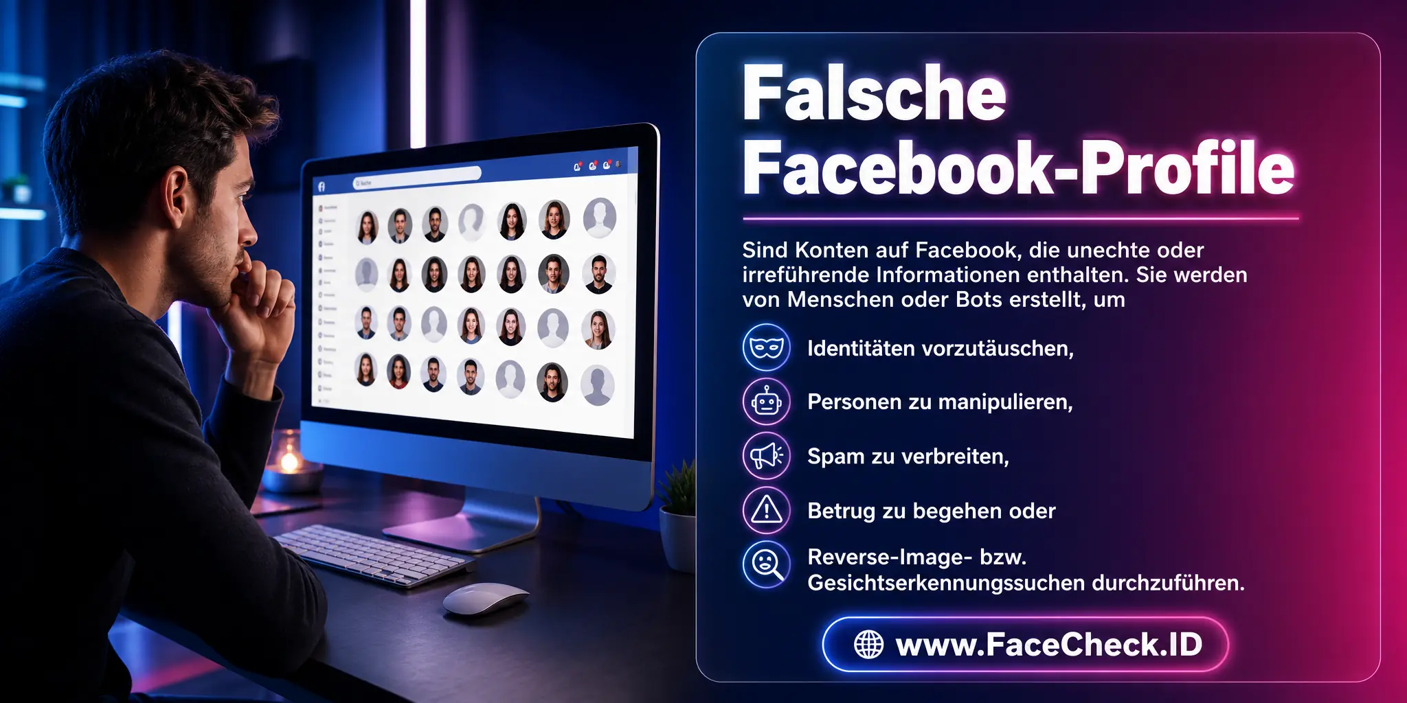Falsche Facebook-Profile sind Konten auf Facebook, die unechte oder irreführende Informationen enthalten und von Menschen oder Bots erstellt wurden, um Identitäten vorzutäuschen, Personen zu täuschen, Spam zu verbreiten, Betrug zu begehen oder um Reverse-Image- oder Gesichtserkennungssuchen durchzuführen.