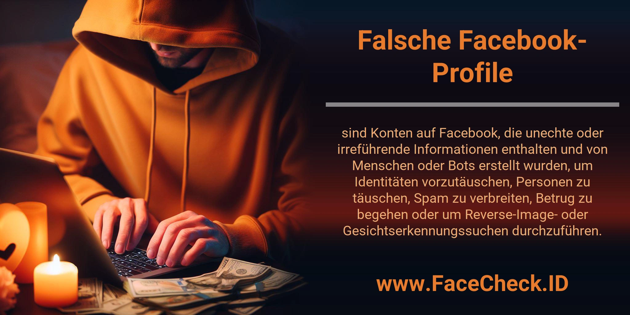 Falsche Facebook-Profile sind Konten auf Facebook, die unechte oder irreführende Informationen enthalten und von Menschen oder Bots erstellt wurden, um Identitäten vorzutäuschen, Personen zu täuschen, Spam zu verbreiten, Betrug zu begehen oder um Reverse-Image- oder Gesichtserkennungssuchen durchzuführen.