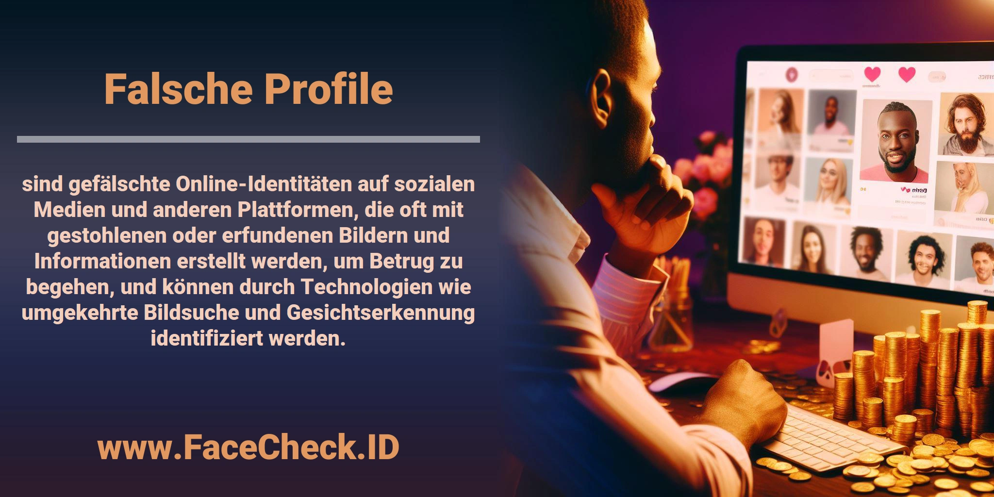 <b>Falsche Profile</b> sind gefälschte Online-Identitäten auf sozialen Medien und anderen Plattformen, die oft mit gestohlenen oder erfundenen Bildern und Informationen erstellt werden, um Betrug zu begehen, und können durch Technologien wie umgekehrte Bildsuche und Gesichtserkennung identifiziert werden.