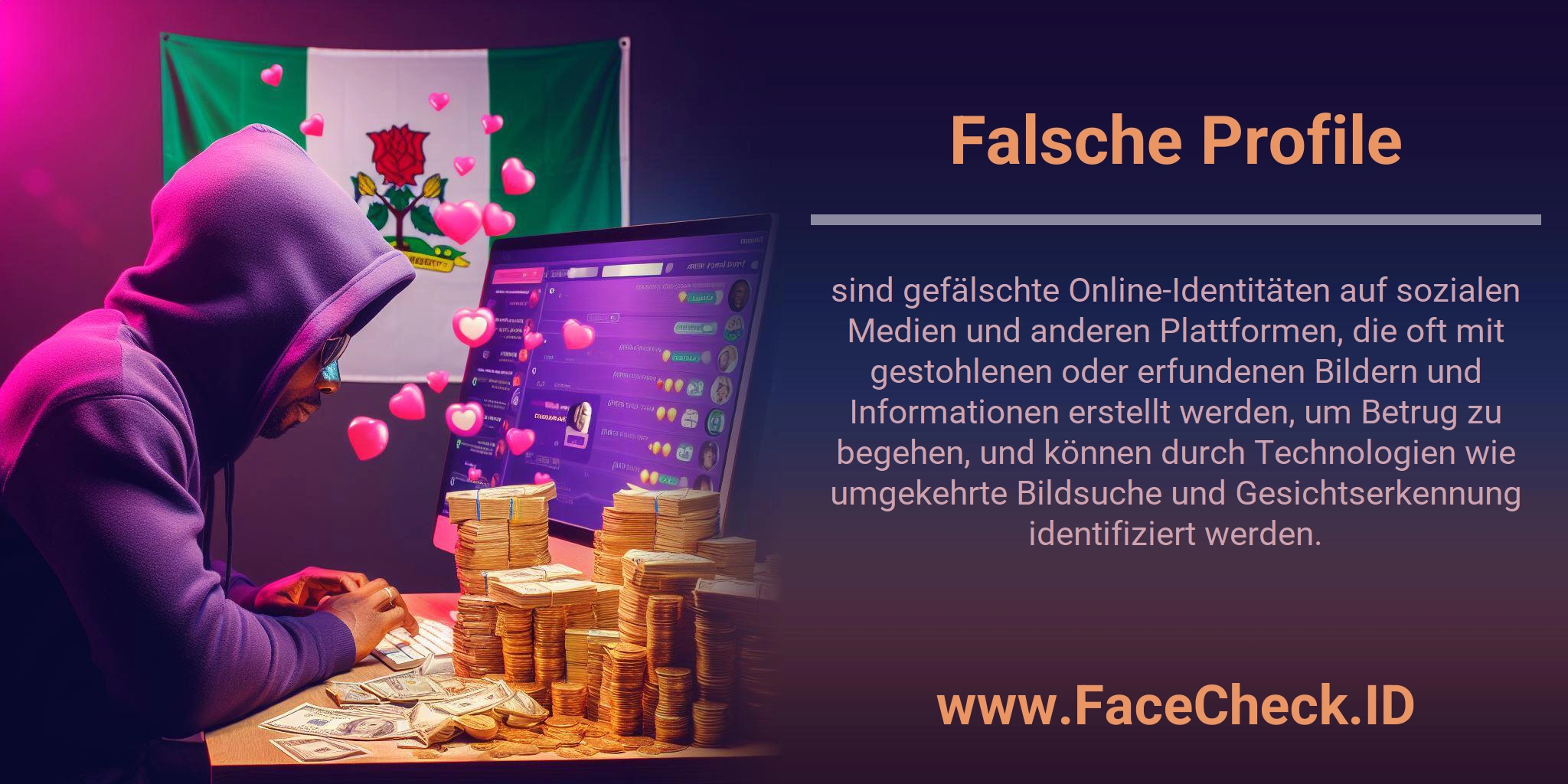 Falsche Profile sind gefälschte Online-Identitäten auf sozialen Medien und anderen Plattformen, die oft mit gestohlenen oder erfundenen Bildern und Informationen erstellt werden, um Betrug zu begehen, und können durch Technologien wie umgekehrte Bildsuche und Gesichtserkennung identifiziert werden.