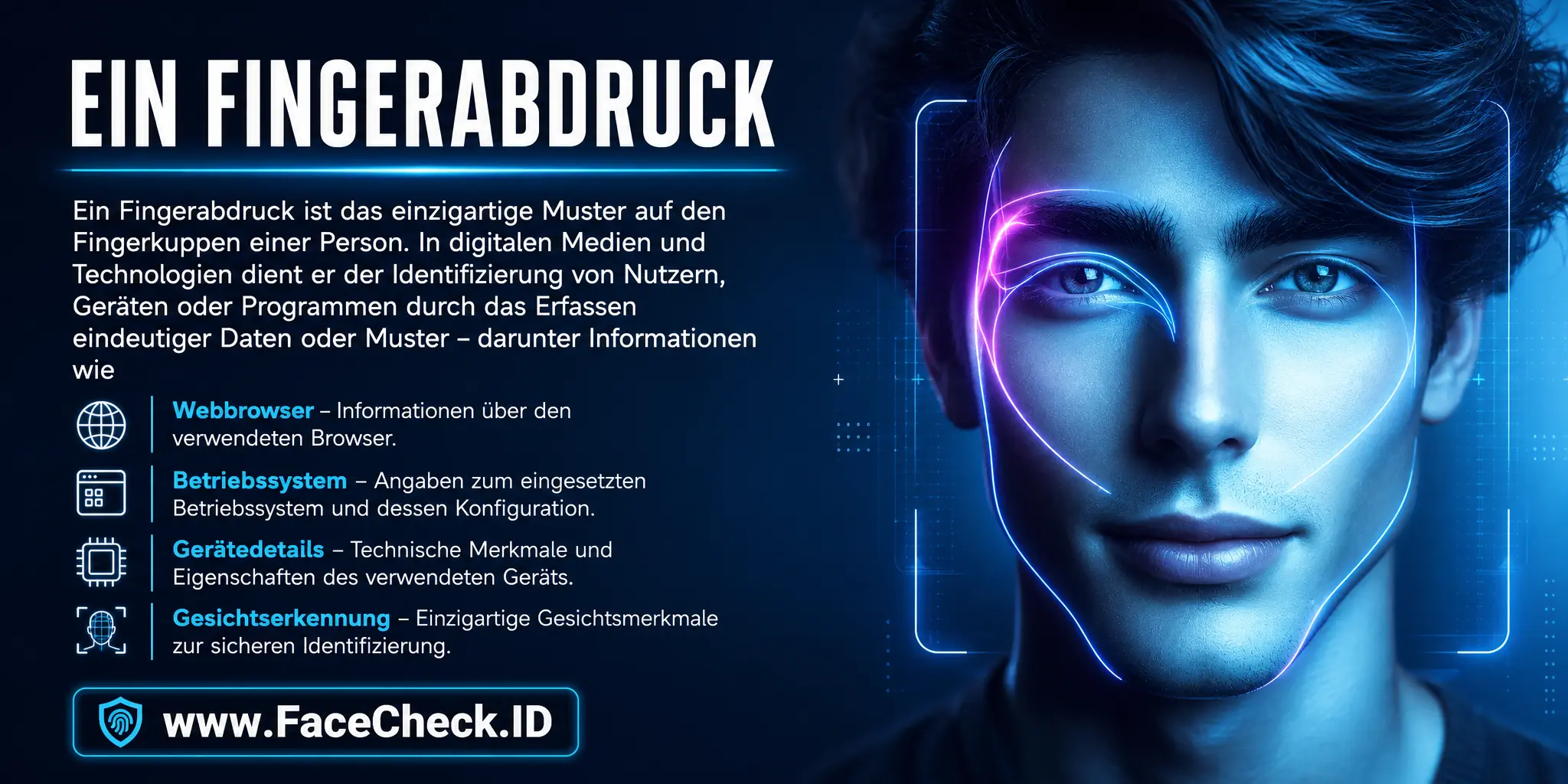 Ein Fingerabdruck ist ein einzigartiges Muster auf den Fingerkuppen einer Person, das in digitalen Medien und Technologien zur Identifizierung von Benutzern, Geräten oder Programmen durch das Sammeln eindeutiger Daten oder Muster verwendet wird, einschließlich Informationen wie Webbrowser, Betriebssystem und andere technische Gerätedetails oder einzigartige Gesichtsmerkmale bei der Gesichtserkennung.