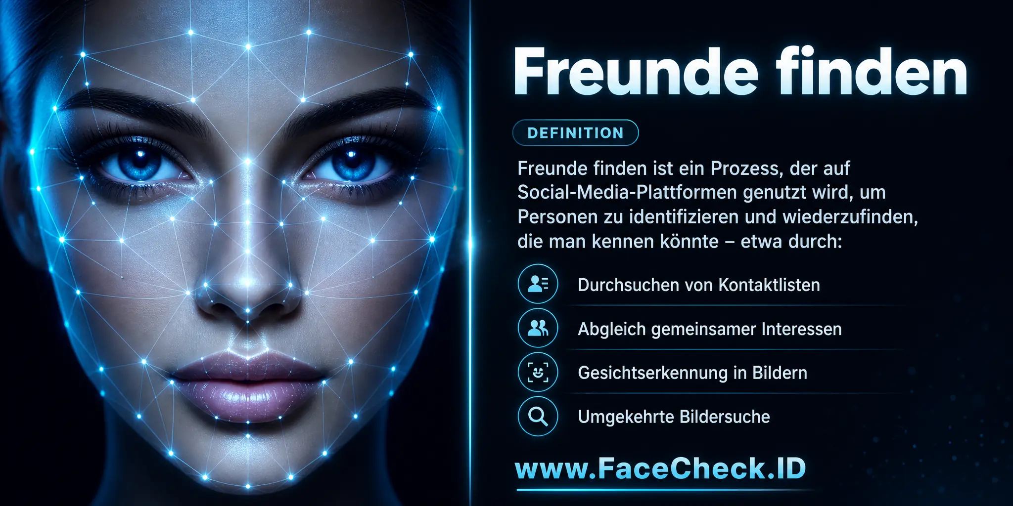 Freunde Finden ist ein Prozess, der oft auf Social-Media-Plattformen angewendet wird, um Personen zu identifizieren und zu finden, die man kennen könnte, unter anderem durch das Durchsuchen von Kontaktlisten, das Abgleichen gemeinsamer Interessen, Gesichtserkennung in Bildern und die umgekehrte Bildsuche.
