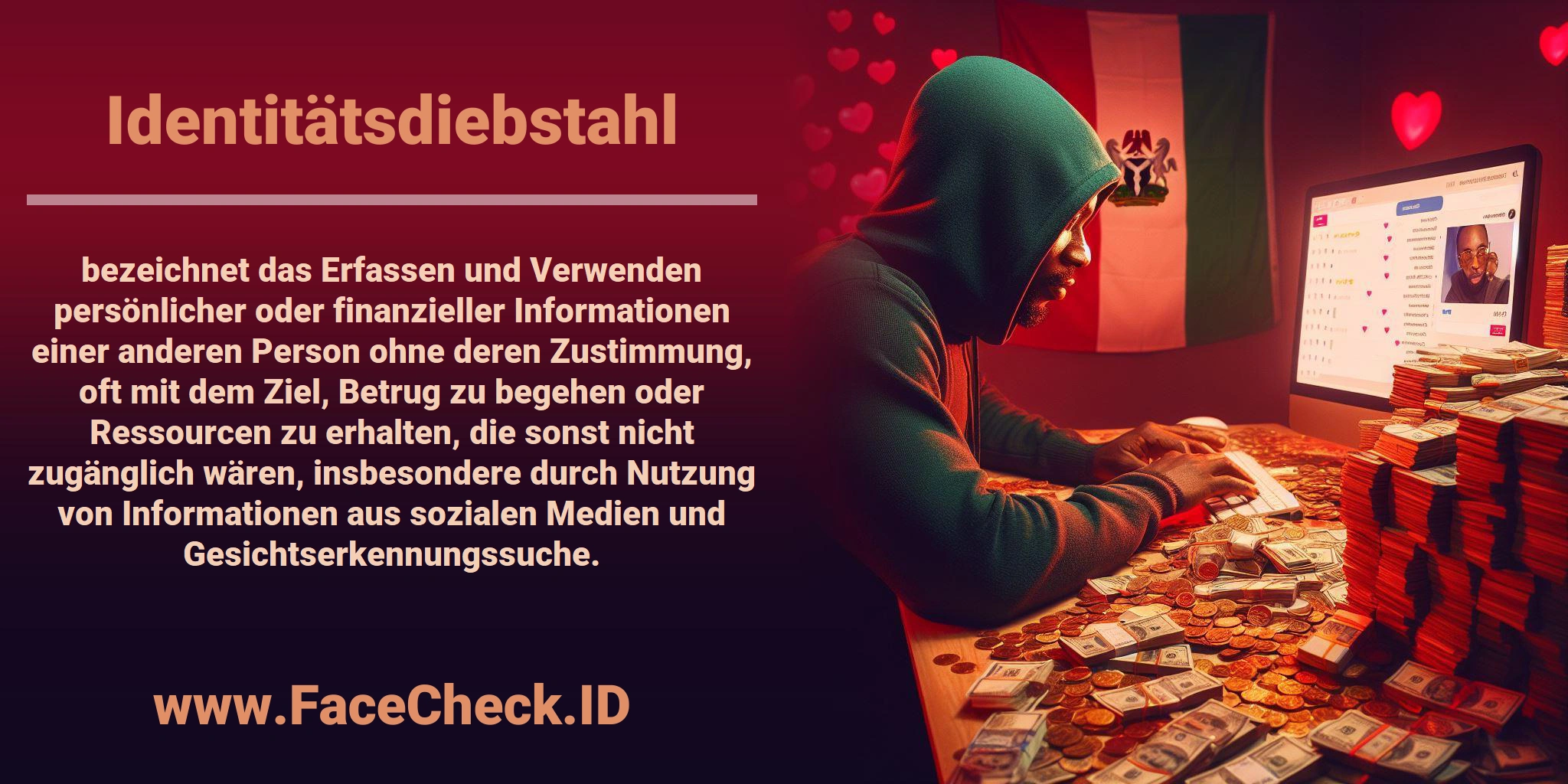 <b>Identitätsdiebstahl</b> bezeichnet das Erfassen und Verwenden persönlicher oder finanzieller Informationen einer anderen Person ohne deren Zustimmung, oft mit dem Ziel, Betrug zu begehen oder Ressourcen zu erhalten, die sonst nicht zugänglich wären, insbesondere durch Nutzung von Informationen aus sozialen Medien und Gesichtserkennungssuche.