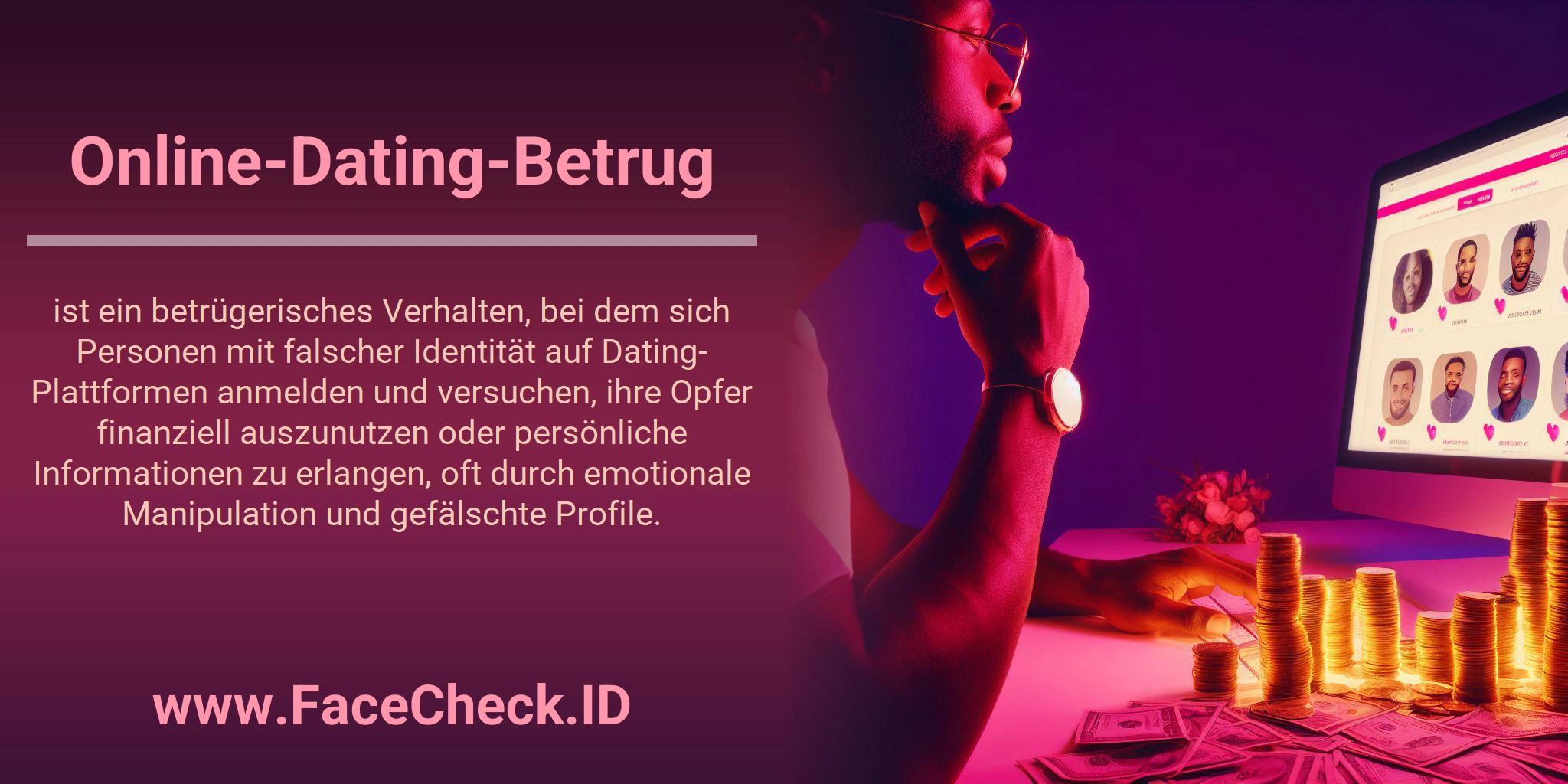 Online-Dating-Betrug ist ein betrügerisches Verhalten, bei dem sich Personen mit falscher Identität auf Dating-Plattformen anmelden und versuchen, ihre Opfer finanziell auszunutzen oder persönliche Informationen zu erlangen, oft durch emotionale Manipulation und gefälschte Profile.