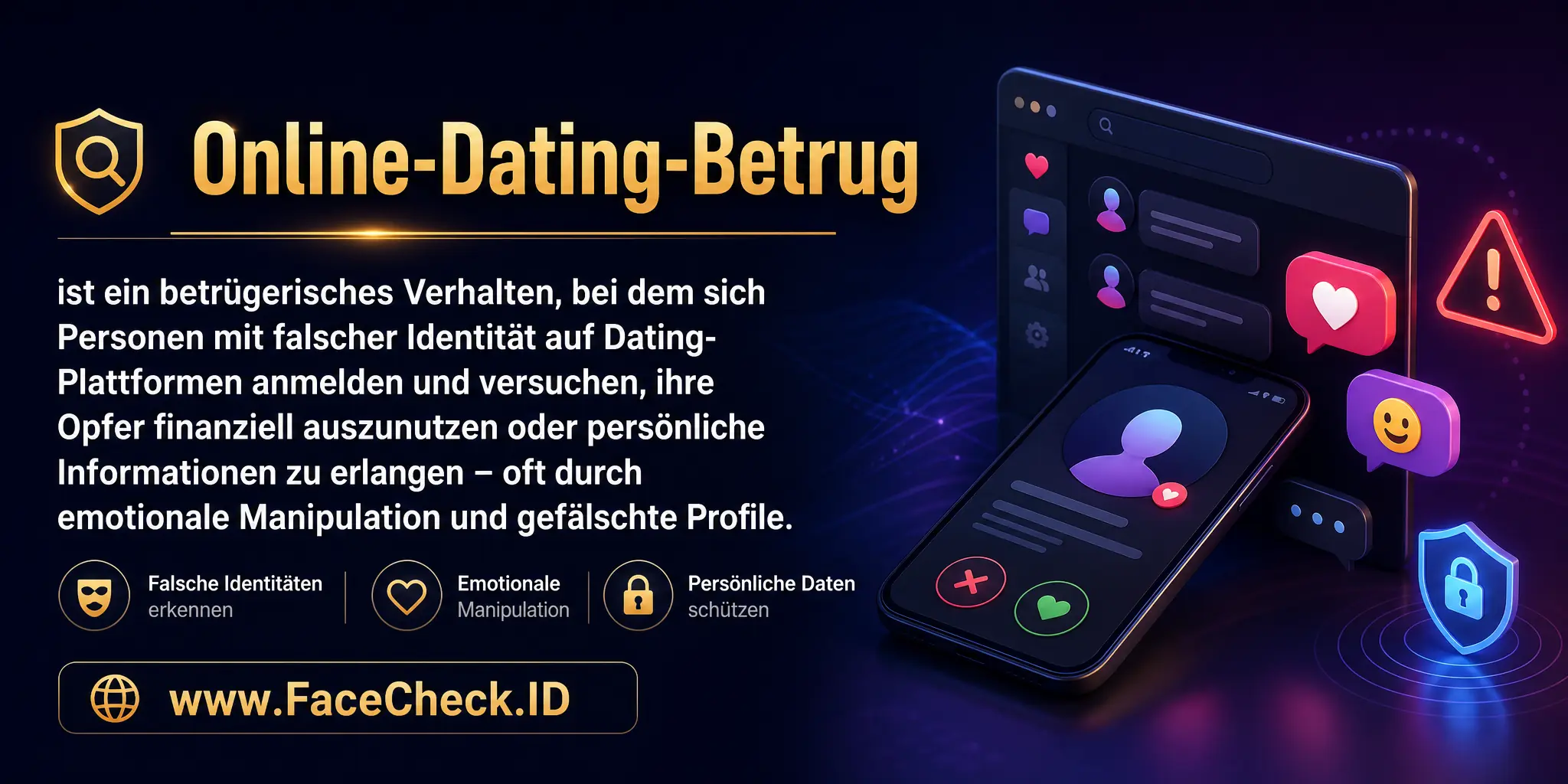 Online-Dating-Betrug ist ein betrügerisches Verhalten, bei dem sich Personen mit falscher Identität auf Dating-Plattformen anmelden und versuchen, ihre Opfer finanziell auszunutzen oder persönliche Informationen zu erlangen, oft durch emotionale Manipulation und gefälschte Profile.