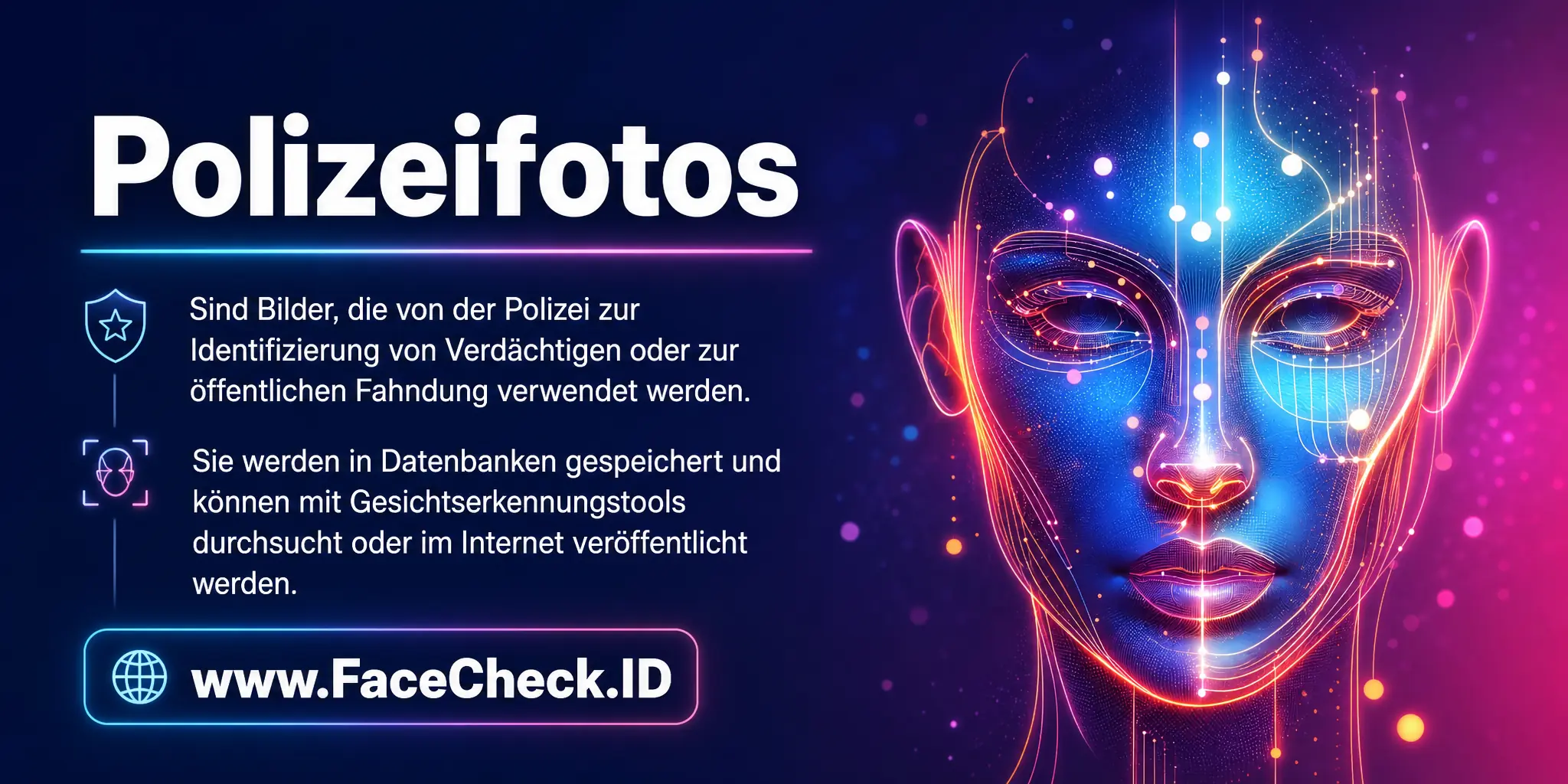 Polizeifotos sind Bilder, die von der Polizei zur Identifizierung von Verdächtigen oder zur öffentlichen Fahndung verwendet, in einer Datenbank gespeichert und mit Gesichtserkennungstools durchsucht oder im Internet veröffentlicht werden können.