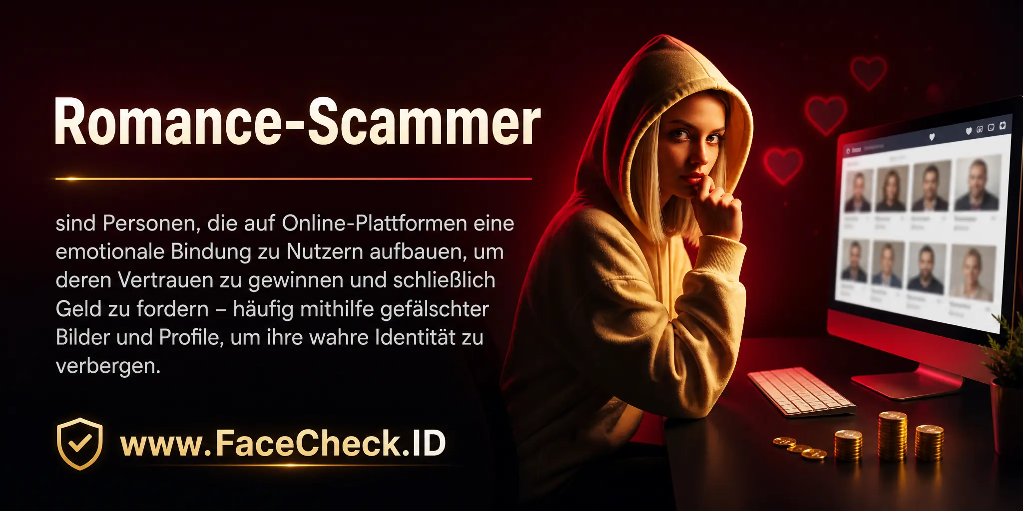 Romance Scammer sind Personen, die auf Online-Plattformen eine emotionale Bindung zu Nutzern aufbauen, um deren Vertrauen zu gewinnen und schließlich Geld zu fordern, indem sie gefälschte Bilder und Profile verwenden, um ihre wahre Identität zu verbergen.