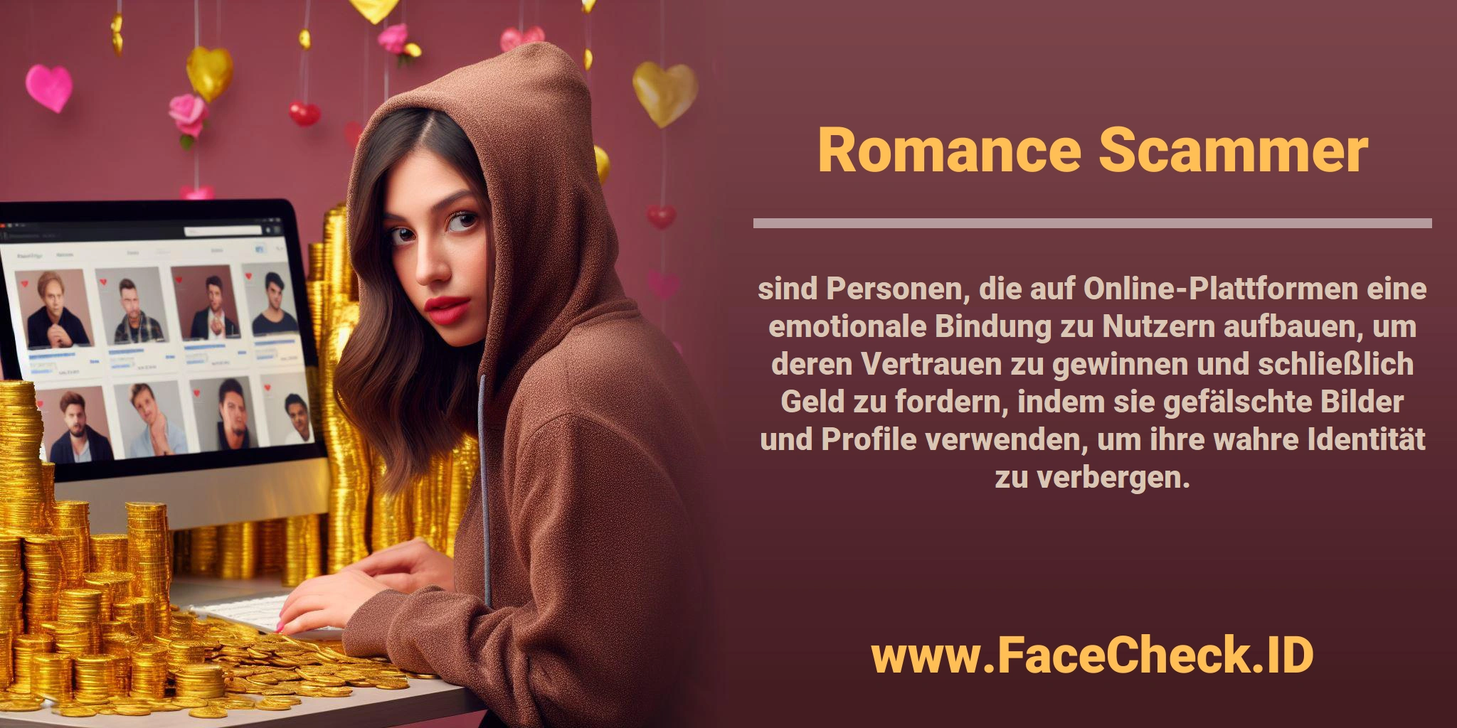 <b>Romance Scammer</b> sind Personen, die auf Online-Plattformen eine emotionale Bindung zu Nutzern aufbauen, um deren Vertrauen zu gewinnen und schließlich Geld zu fordern, indem sie gefälschte Bilder und Profile verwenden, um ihre wahre Identität zu verbergen.