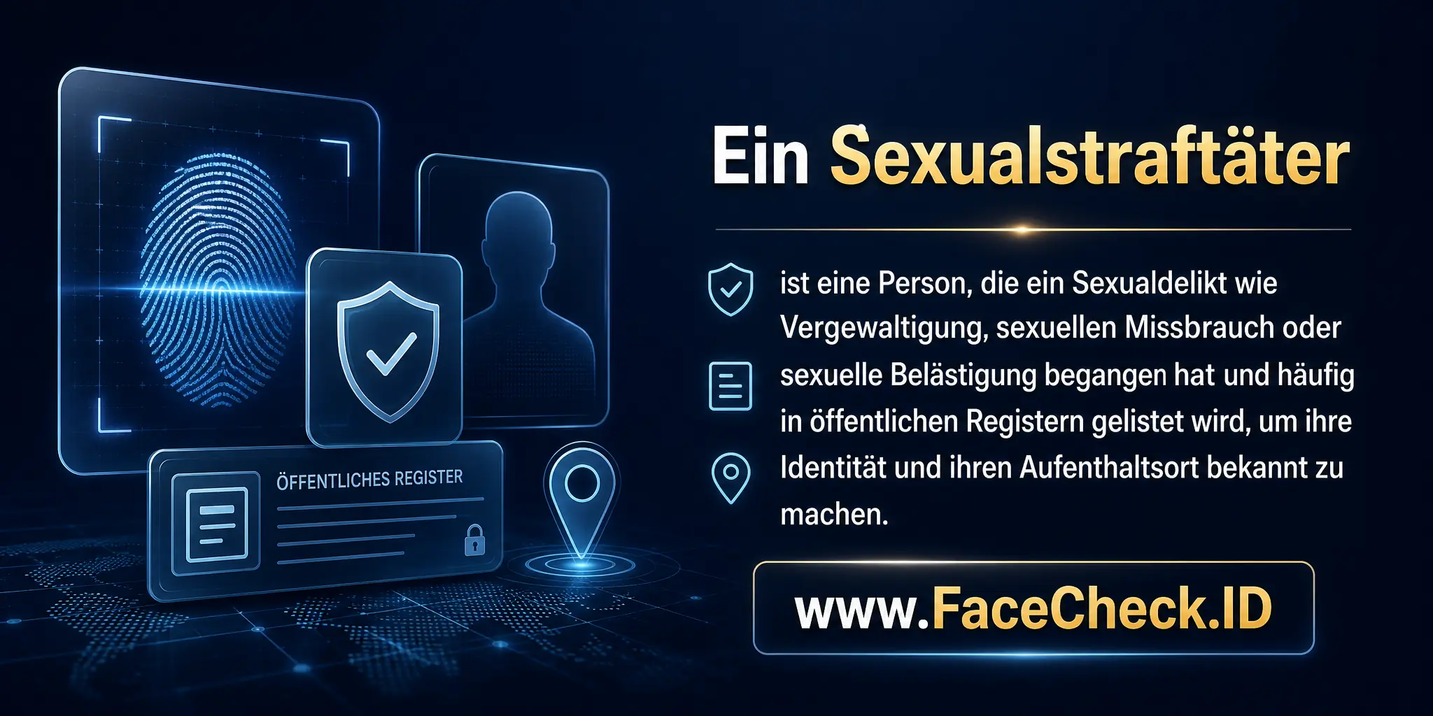 Ein Sexualstraftäter ist eine Person, die ein Sexualdelikt wie Vergewaltigung, sexuellen Missbrauch oder sexuelle Belästigung begangen hat und häufig in öffentlichen Registern gelistet wird, um ihre Identität und ihren Aufenthaltsort bekannt zu machen.