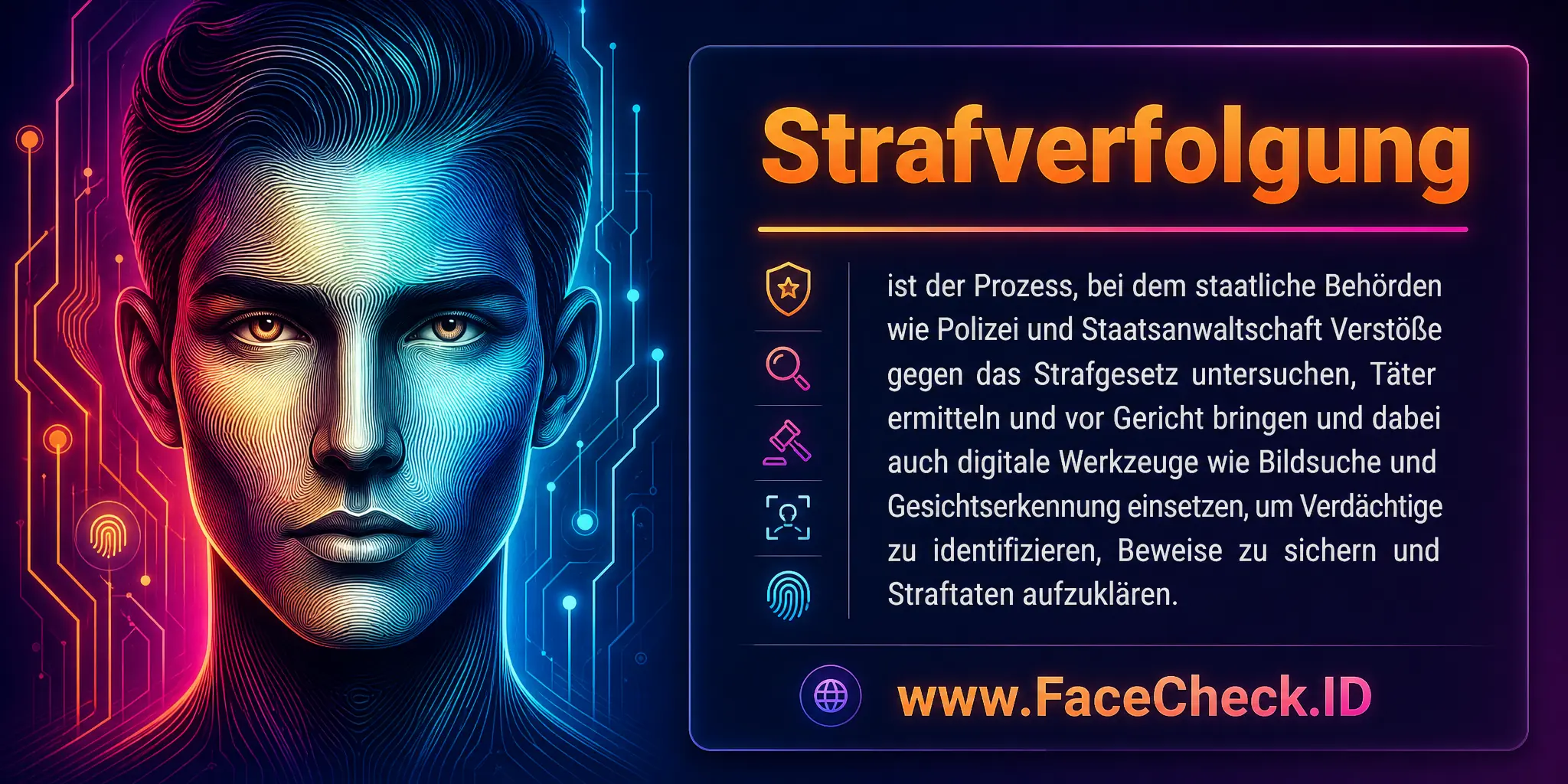 Strafverfolgung ist der Prozess, bei dem staatliche Behörden, wie Polizei und Staatsanwaltschaft, Verstöße gegen das Strafgesetz untersuchen, Täter ermitteln, diese vor Gericht bringen und dabei auch digitale Werkzeuge wie Bildsuche und Gesichtserkennung nutzen, um Verdächtige zu identifizieren, Beweise zu sammeln und Straftaten aufzuklären.
