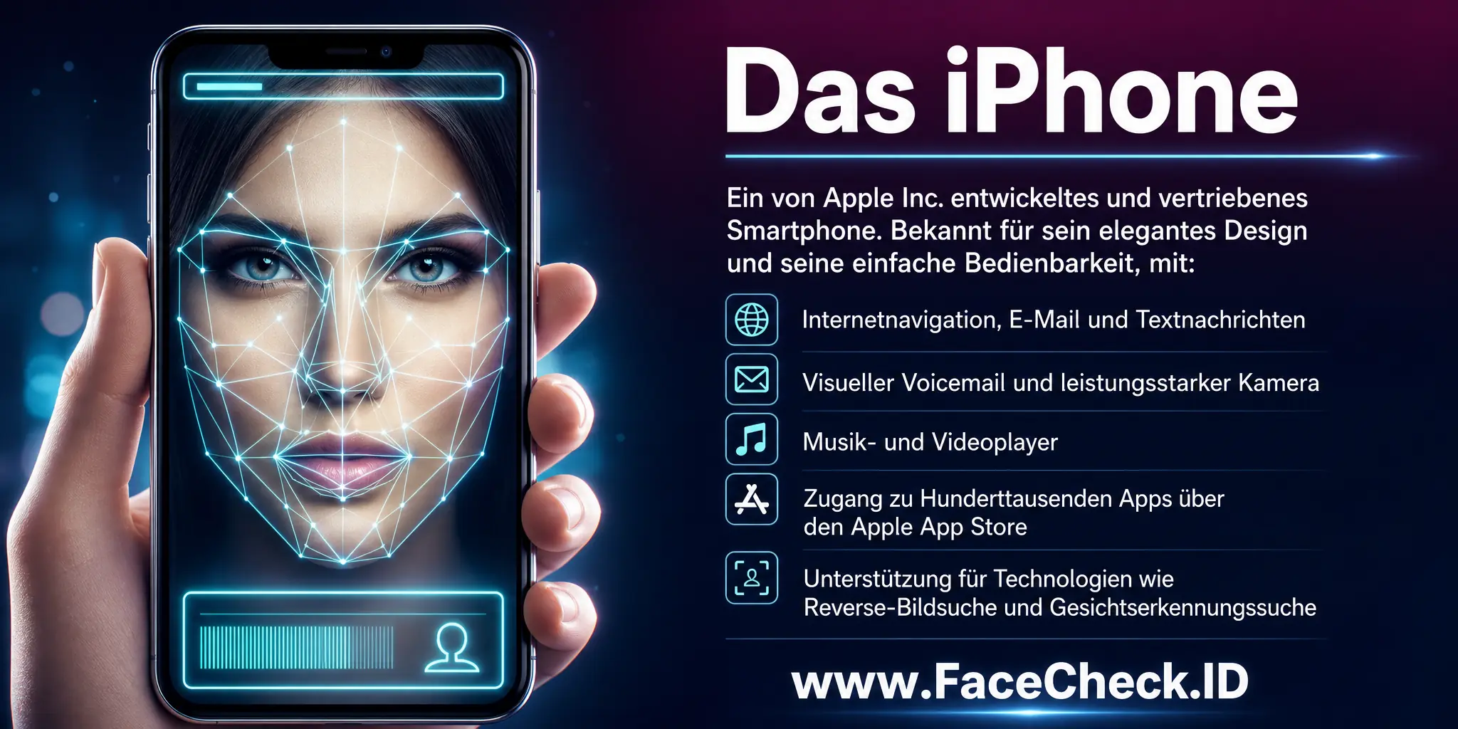 Das iPhone ist ein von Apple Inc. entwickeltes und vertriebenes Smartphone, bekannt für sein Design und seine einfache Bedienbarkeit, mit Funktionen wie Internetnavigation, E-Mail, Textnachrichten, visuelle Voicemail, Kamera, Musik- und Videoplayer, Zugang zu Hunderttausenden von Apps über den Apple App Store sowie Unterstützung für Technologien wie Reverse-Bildsuche und Gesichtserkennungssuche.