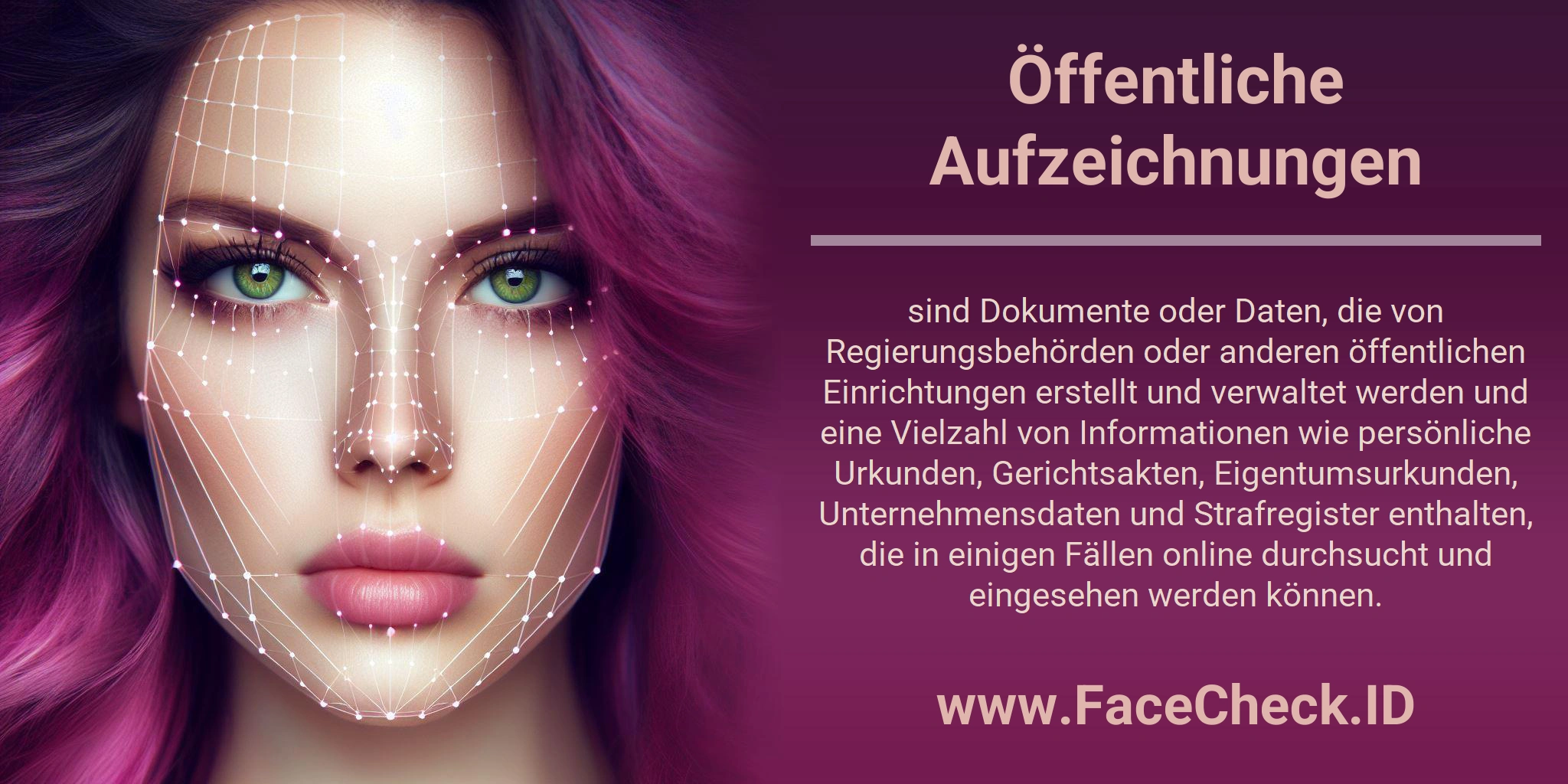 Öffentliche Aufzeichnungen sind Dokumente oder Daten, die von Regierungsbehörden oder anderen öffentlichen Einrichtungen erstellt und verwaltet werden und eine Vielzahl von Informationen wie persönliche Urkunden, Gerichtsakten, Eigentumsurkunden, Unternehmensdaten und Strafregister enthalten, die in einigen Fällen online durchsucht und eingesehen werden können.