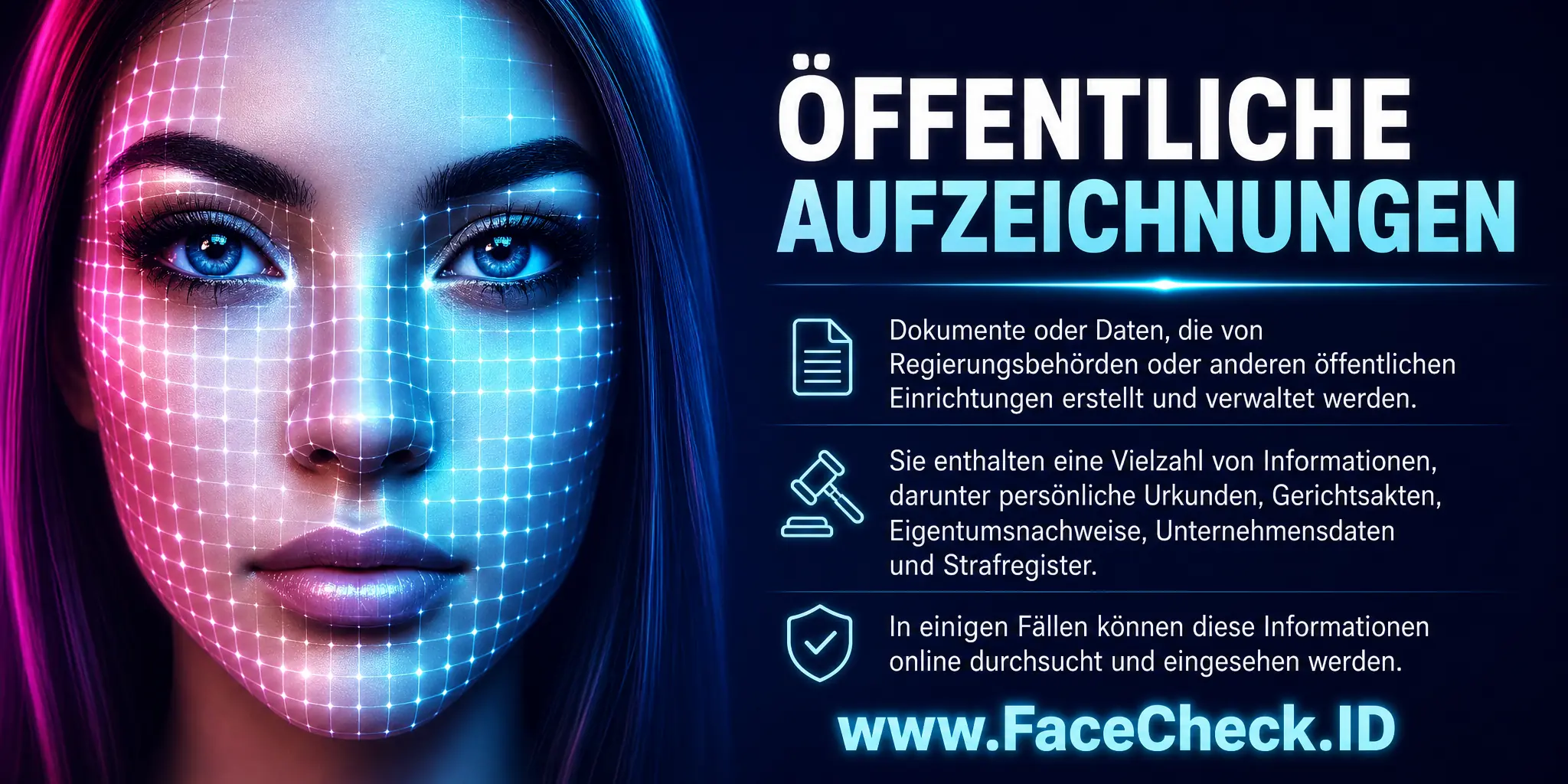 Öffentliche Aufzeichnungen sind Dokumente oder Daten, die von Regierungsbehörden oder anderen öffentlichen Einrichtungen erstellt und verwaltet werden und eine Vielzahl von Informationen wie persönliche Urkunden, Gerichtsakten, Eigentumsurkunden, Unternehmensdaten und Strafregister enthalten, die in einigen Fällen online durchsucht und eingesehen werden können.