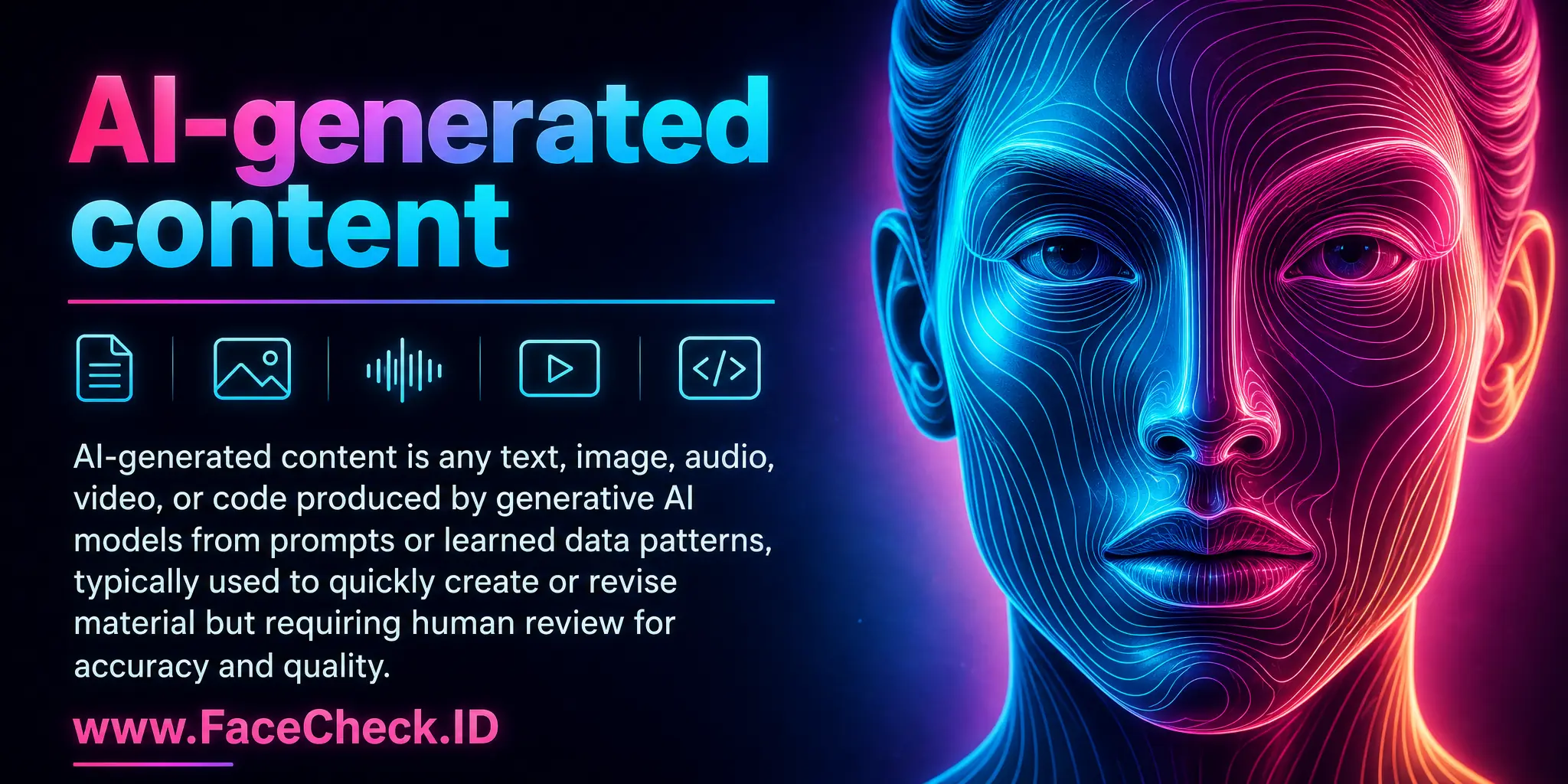 AI-generated content is any text, image, audio, video, or code produced by generative AI models from prompts or learned data patterns, typically used to quickly create or revise material but requiring human review for accuracy and quality.