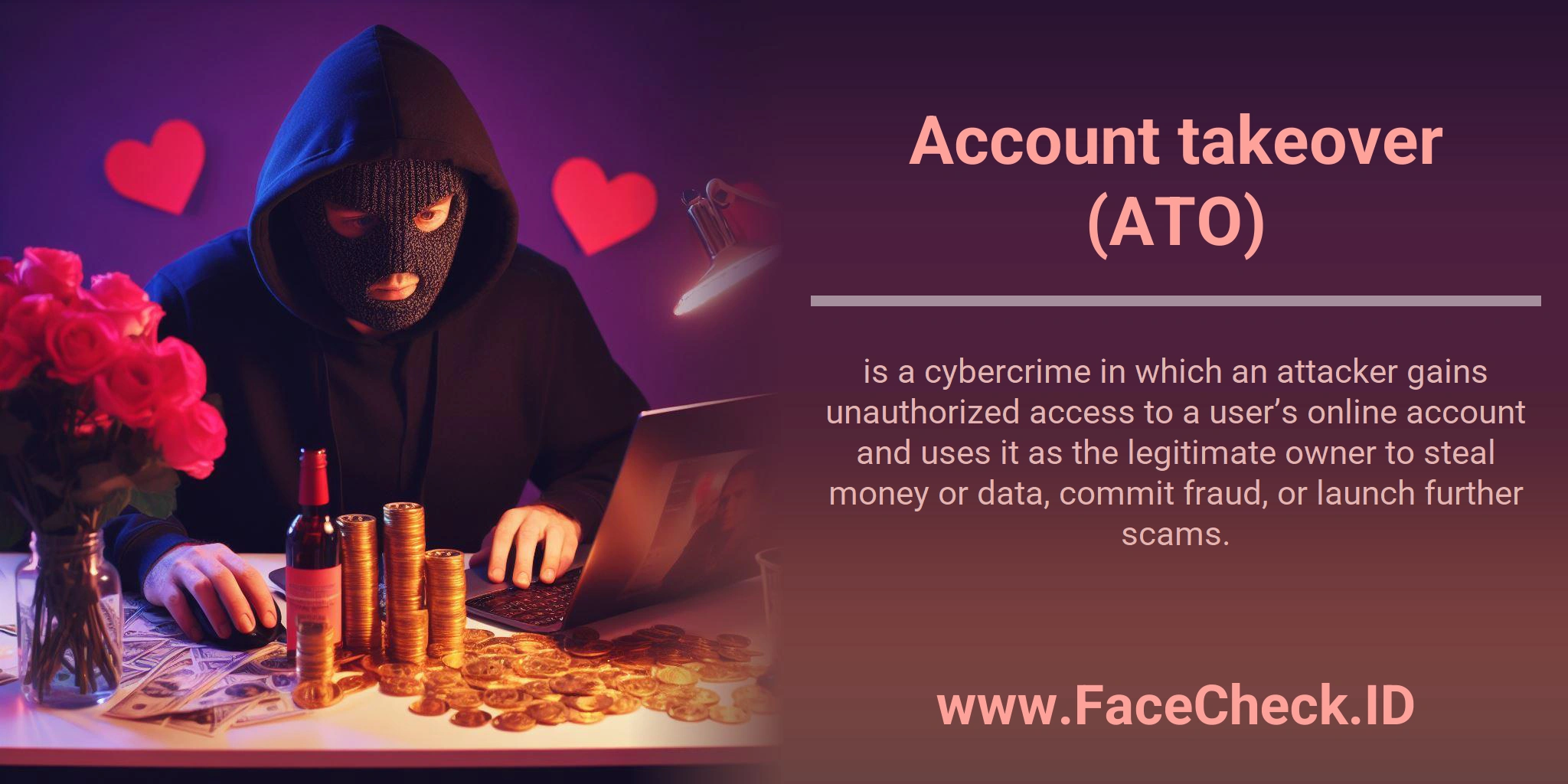 Account takeover (ATO) is a cybercrime in which an attacker gains unauthorized access to a user’s online account and uses it as the legitimate owner to steal money or data, commit fraud, or launch further scams.