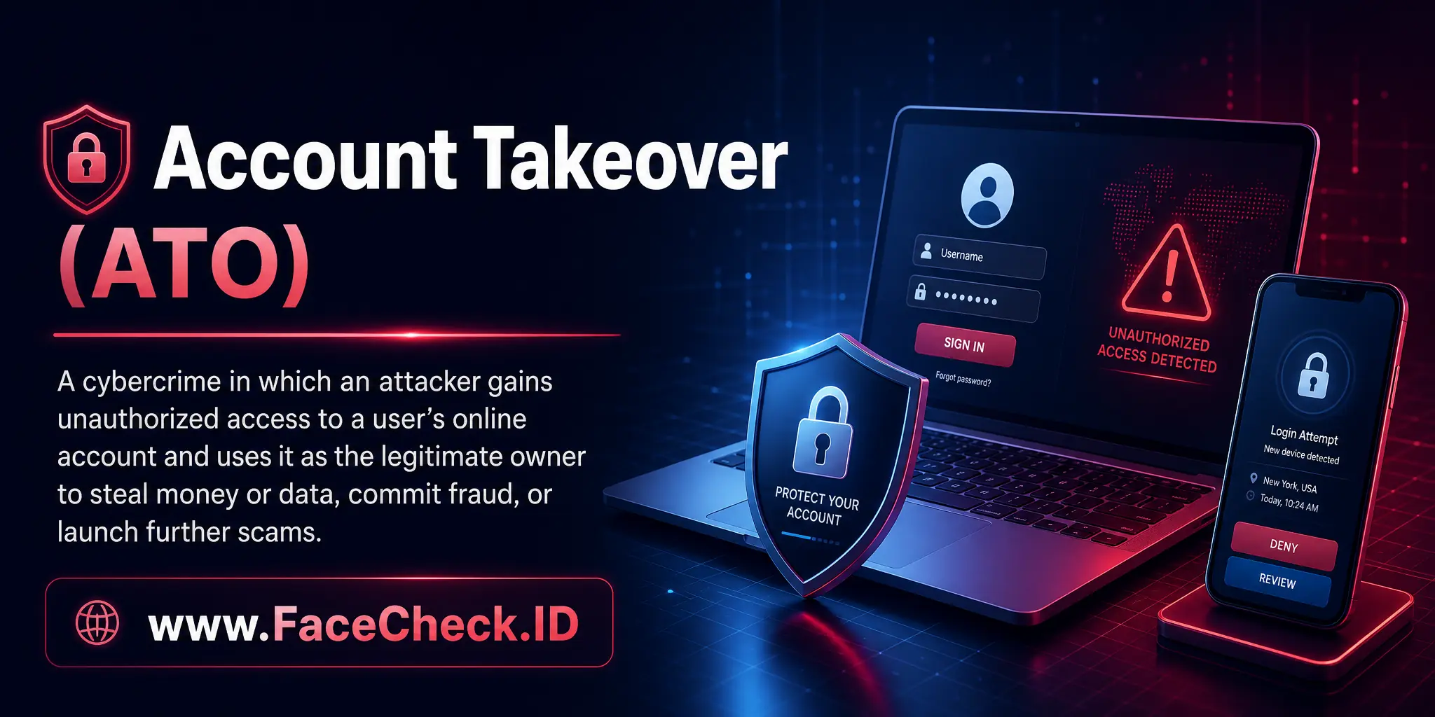 Account takeover (ATO) is a cybercrime in which an attacker gains unauthorized access to a user’s online account and uses it as the legitimate owner to steal money or data, commit fraud, or launch further scams.