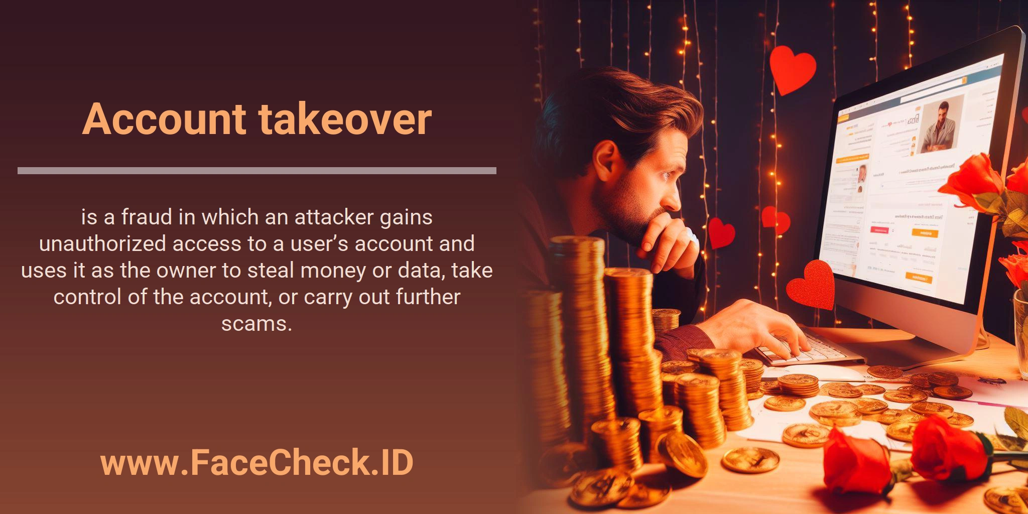 Account takeover is a fraud in which an attacker gains unauthorized access to a user’s account and uses it as the owner to steal money or data, take control of the account, or carry out further scams.