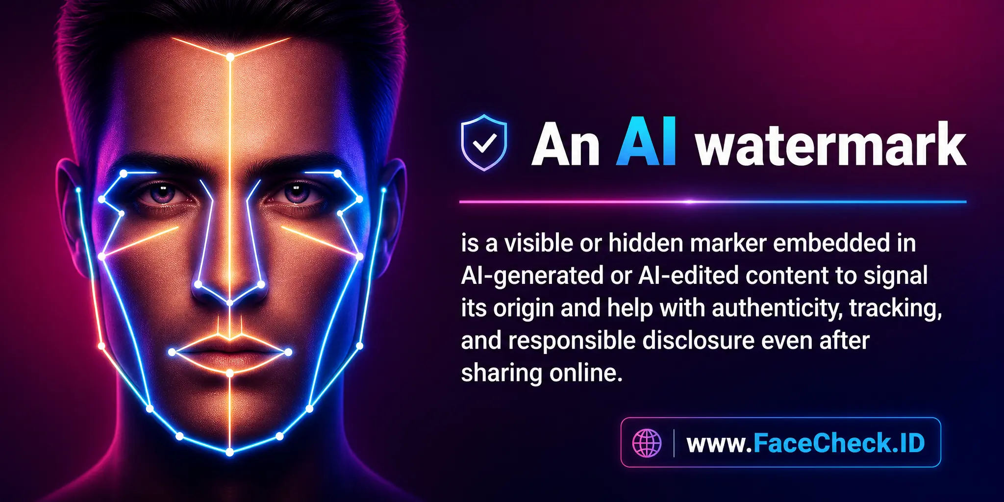An AI watermark is a visible or hidden marker embedded in AI-generated or AI-edited content to signal its origin and help with authenticity, tracking, and responsible disclosure even after sharing online.