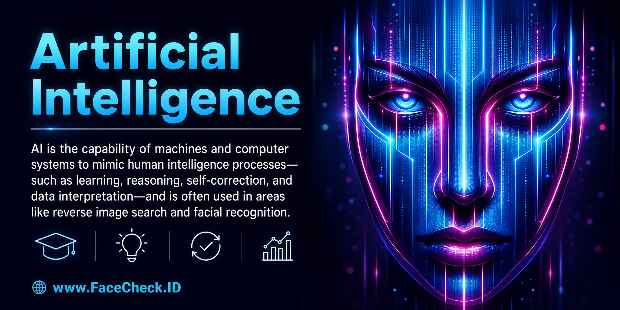Artificial Intelligence (AI) is the use of machines, particularly computers, to mimic human intelligence processes like learning, reasoning, and problem-solving, often utilized in areas like reverse image search, social media, and facial recognition.