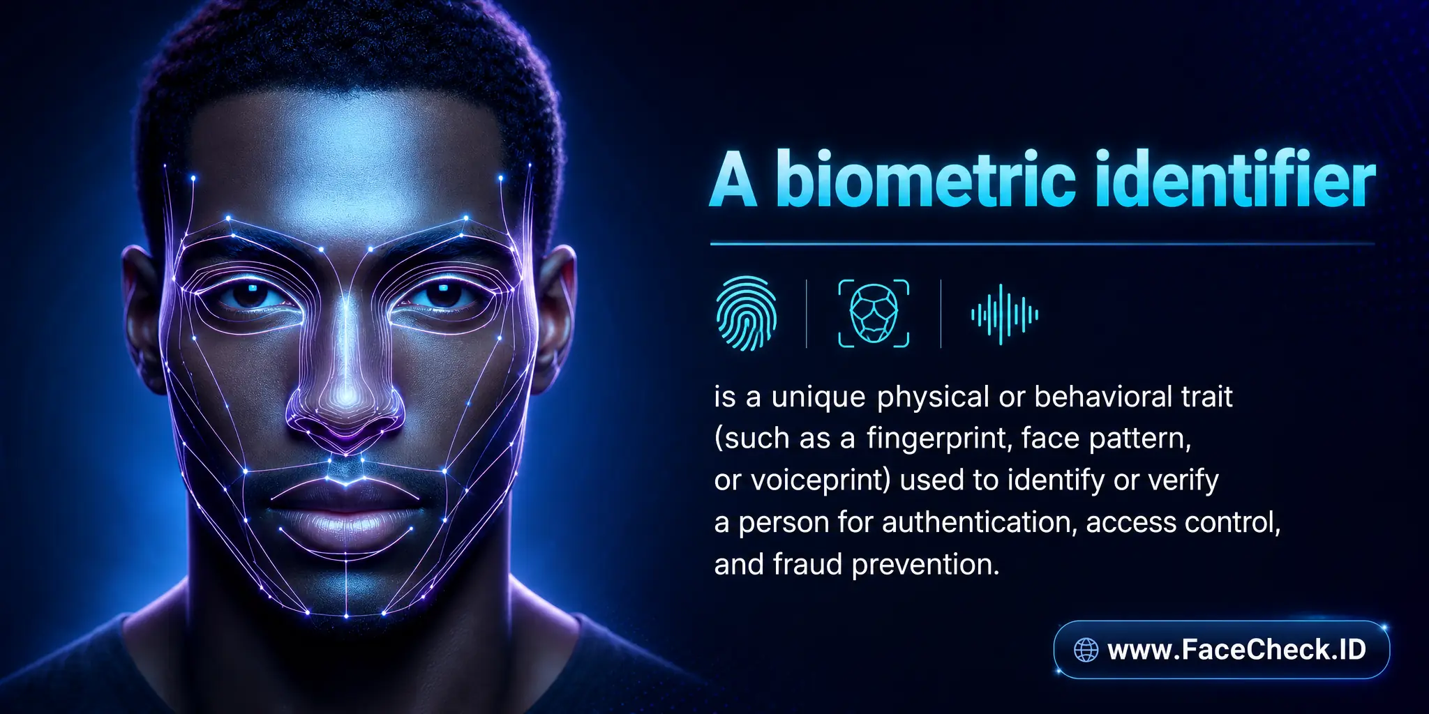 A biometric identifier is a unique physical or behavioral trait (such as a fingerprint, face pattern, or voiceprint) used to identify or verify a person for authentication, access control, and fraud prevention.