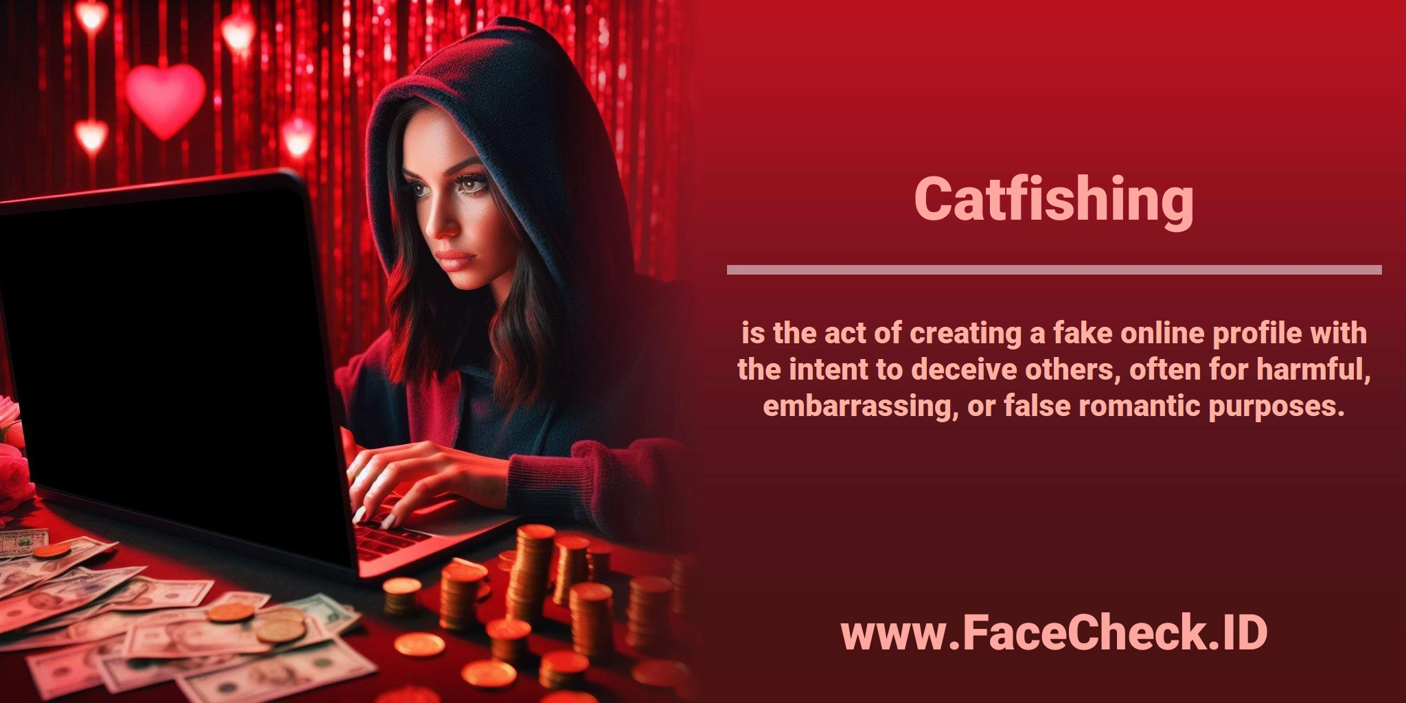 <b>Catfishing</b> is the act of creating a fake online profile with the intent to deceive others, often for harmful, embarrassing, or false romantic purposes.