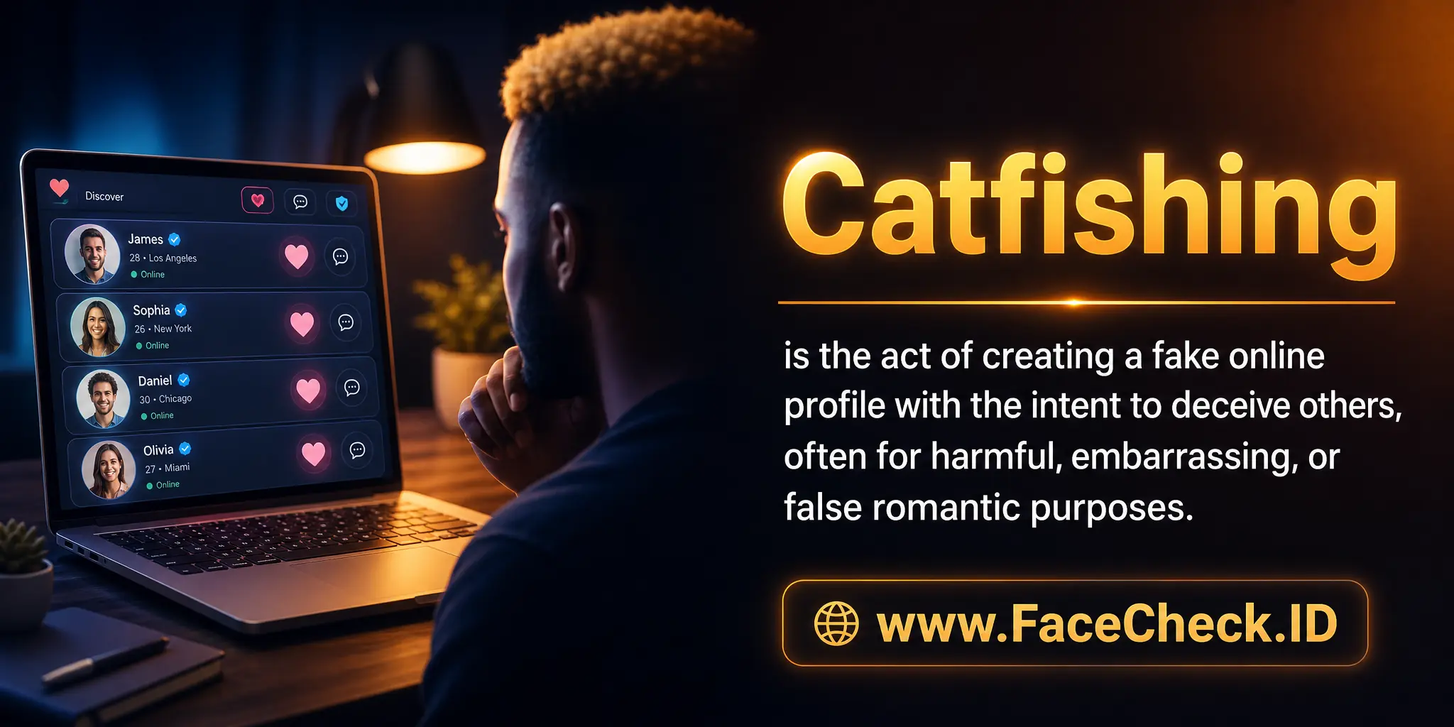 Catfishing is the act of creating a fake online profile with the intent to deceive others, often for harmful, embarrassing, or false romantic purposes.