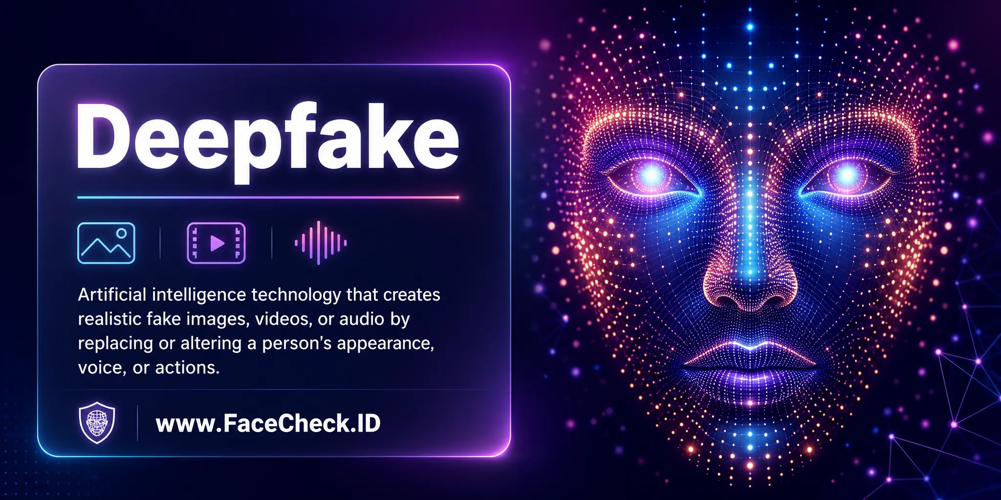 Deepfake is artificial intelligence technology that creates realistic fake images, videos, or audio by replacing or altering a person's appearance, voice, or actions.