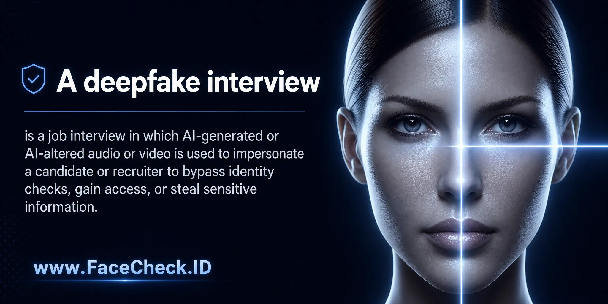 A deepfake interview is a job interview in which AI-generated or AI-altered audio or video is used to impersonate a candidate or recruiter to bypass identity checks, gain access, or steal sensitive information.
