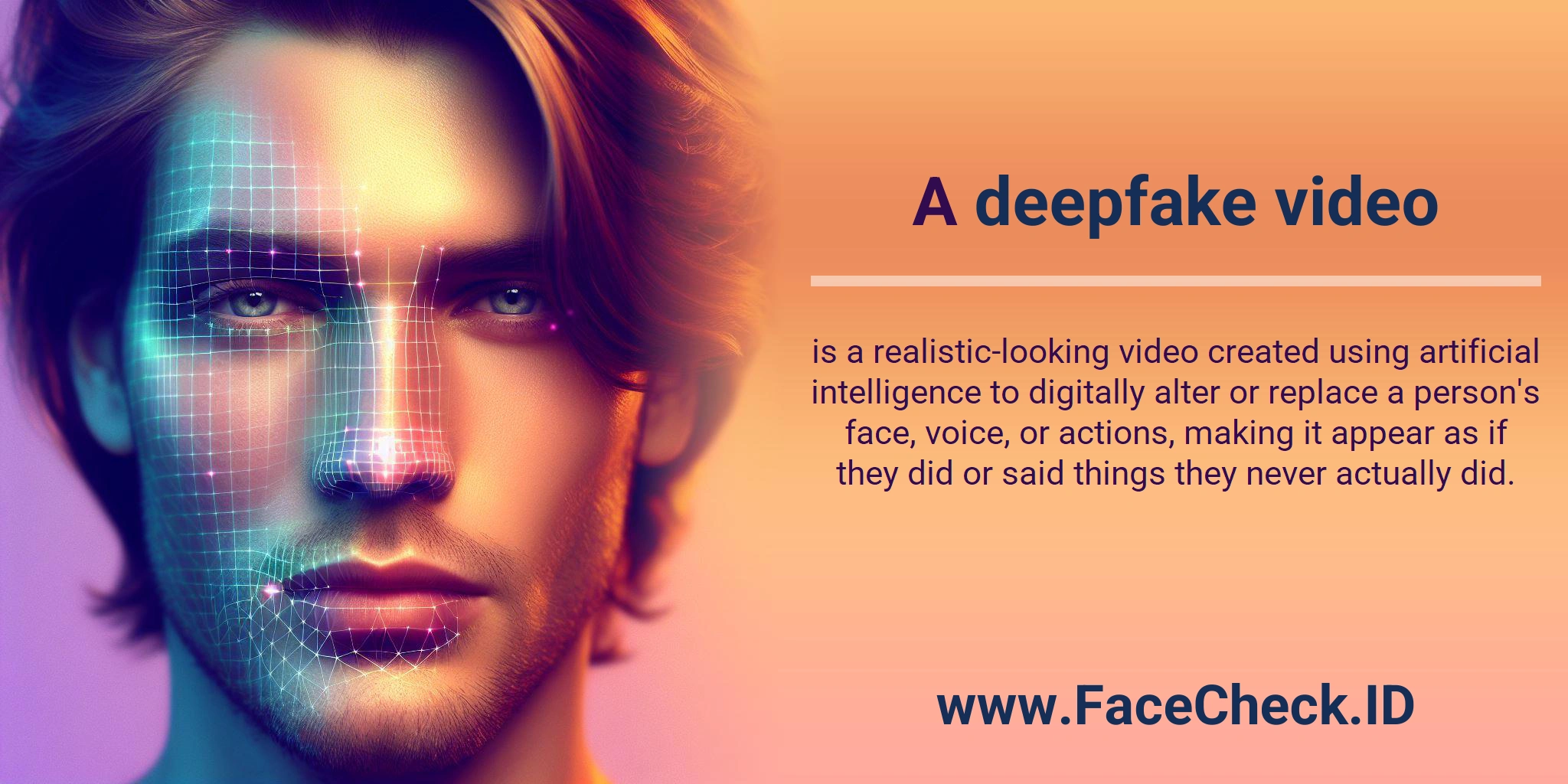 Deepfake Video A <b>deepfake video</b> is a realistic-looking video created using artificial intelligence to digitally alter or replace a person's face, voice, or actions, making it appear as if they did or said things they never actually did.