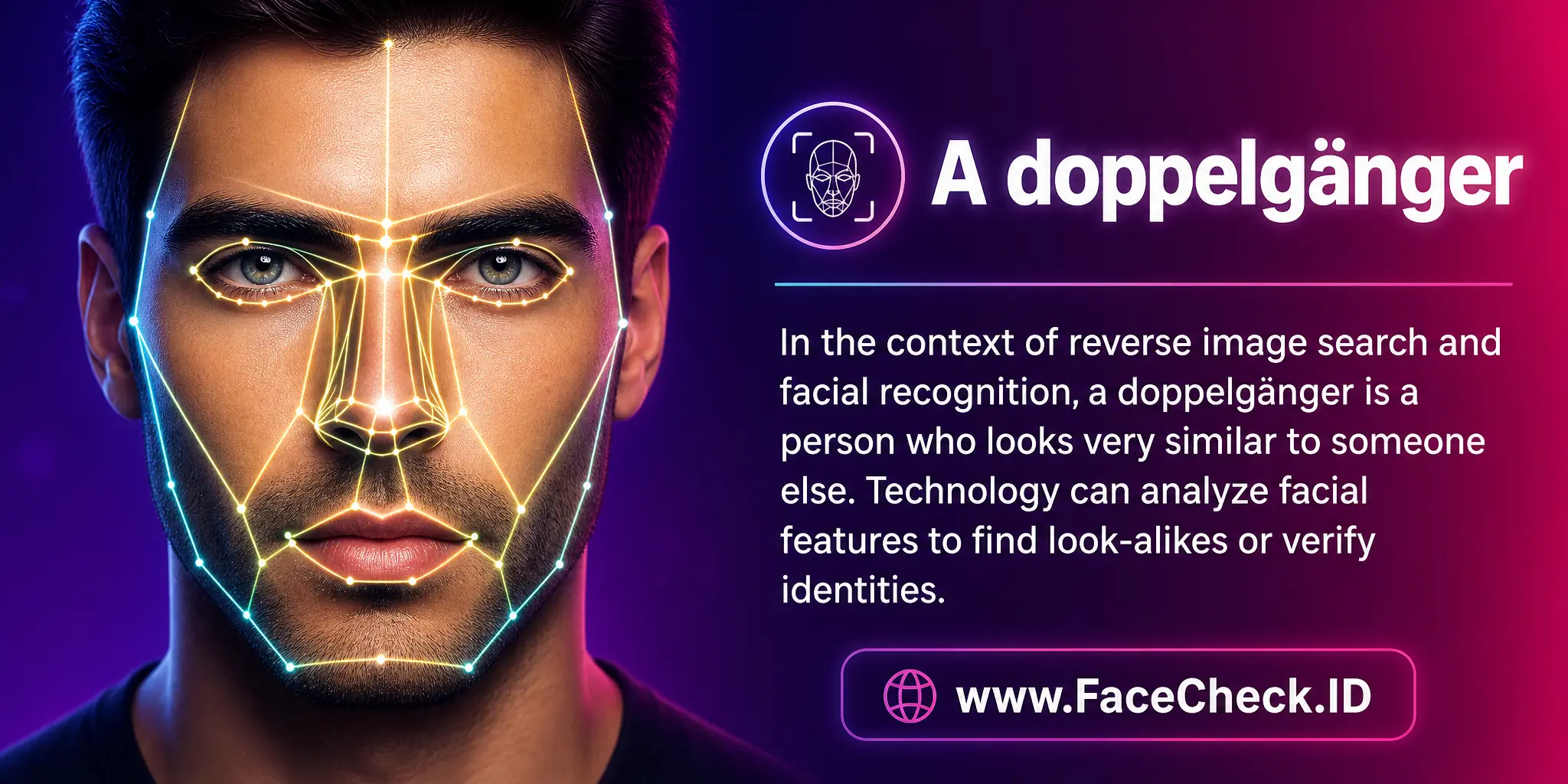A doppelgänger in the context of reverse image search and facial recognition, is a person who looks very similar to someone else, and can be identified using technology to analyze facial features for various purposes like finding look-alikes or verifying identities.