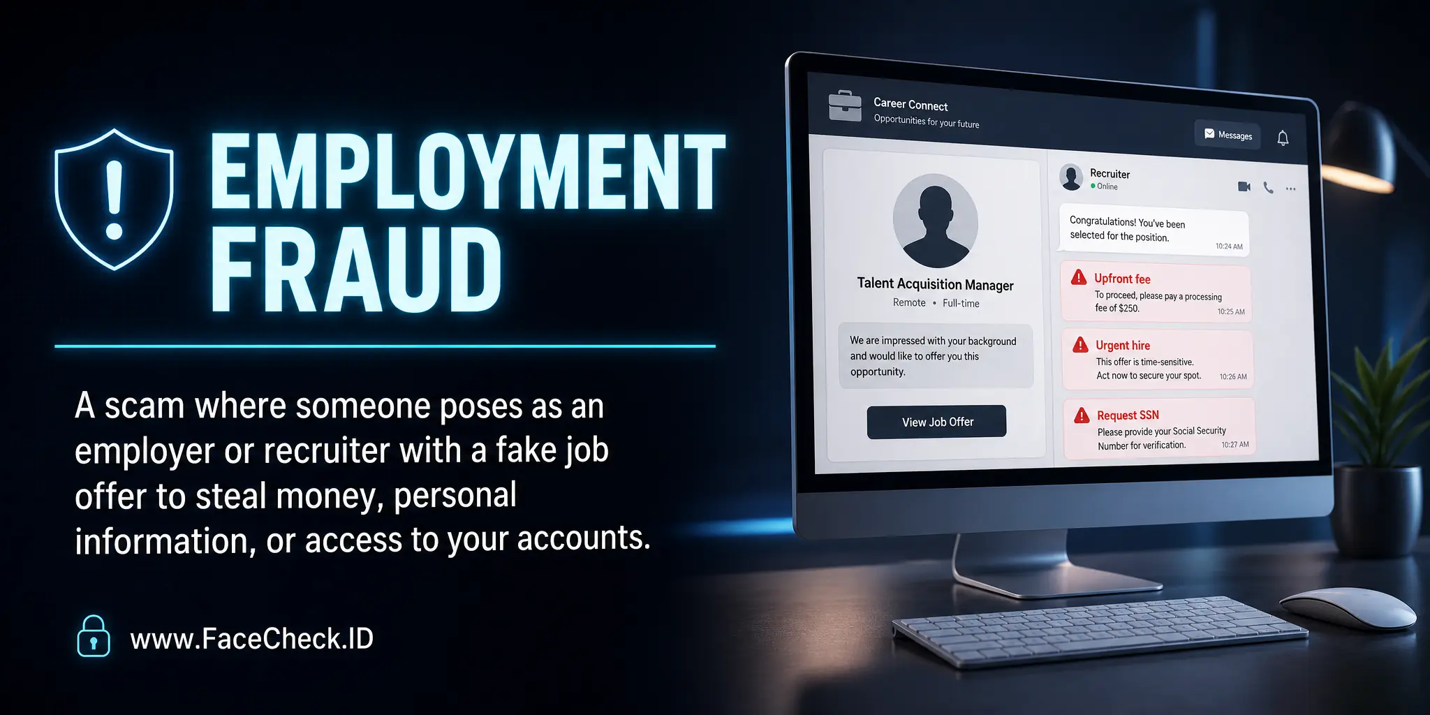 Employment fraud is a scam in which someone poses as an employer or recruiter with a fake job offer to steal money, personal information, or access to your accounts.