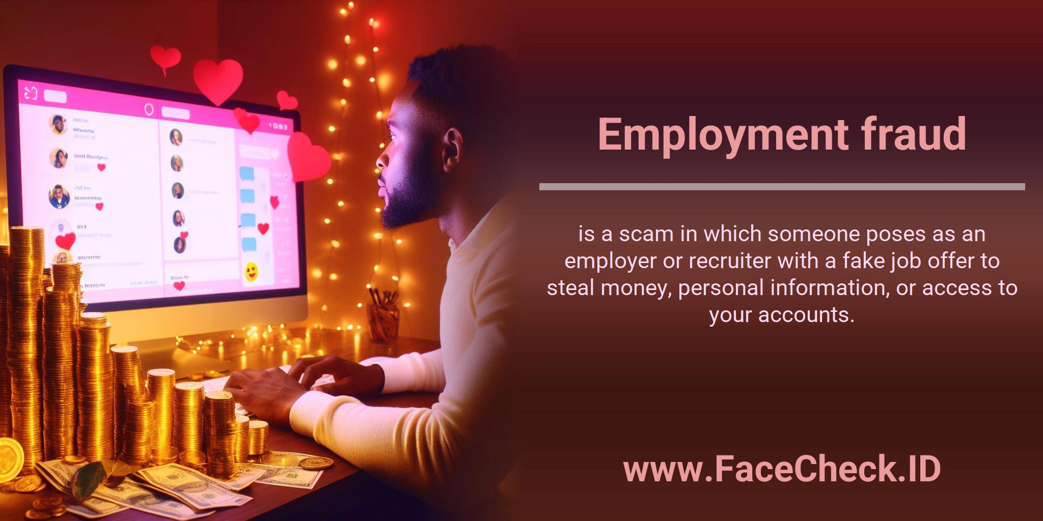 Employment fraud is a scam in which someone poses as an employer or recruiter with a fake job offer to steal money, personal information, or access to your accounts.