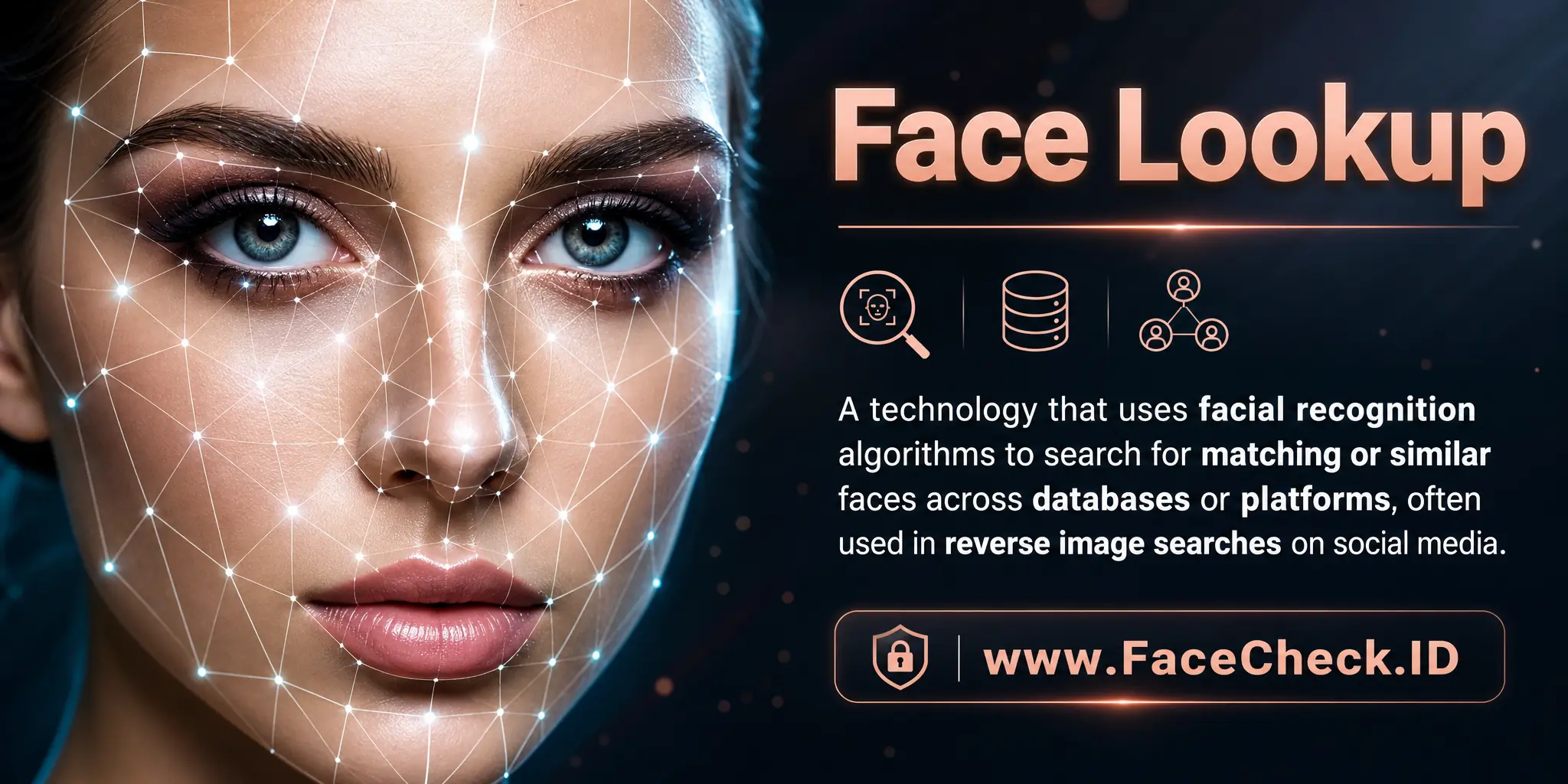 Face Lookup is a technology that uses facial recognition algorithms to search for matching or similar faces in various databases or platforms, often used in reverse image searches on social media.