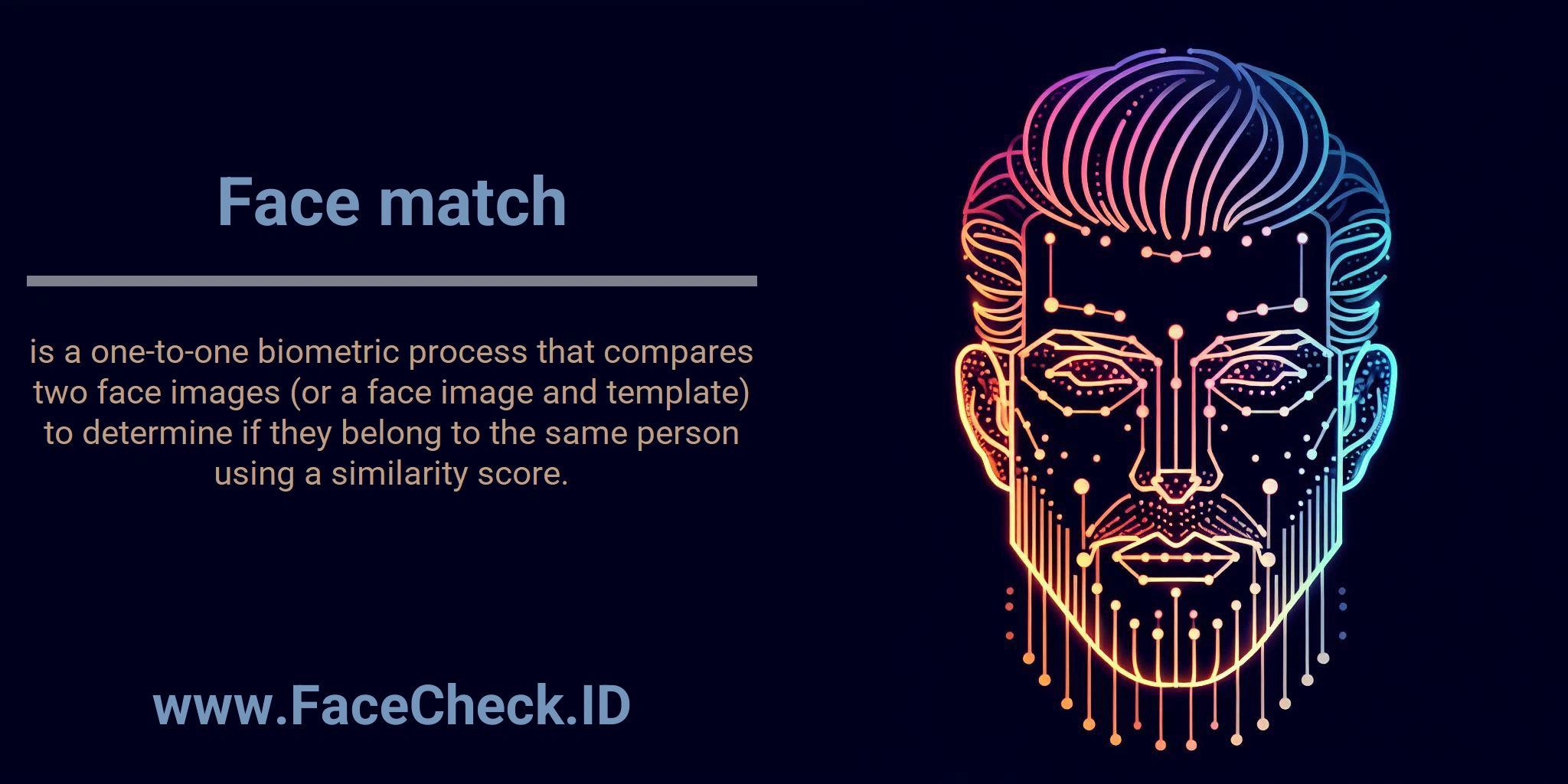 Face match is a one-to-one biometric process that compares two face images (or a face image and template) to determine if they belong to the same person using a similarity score.